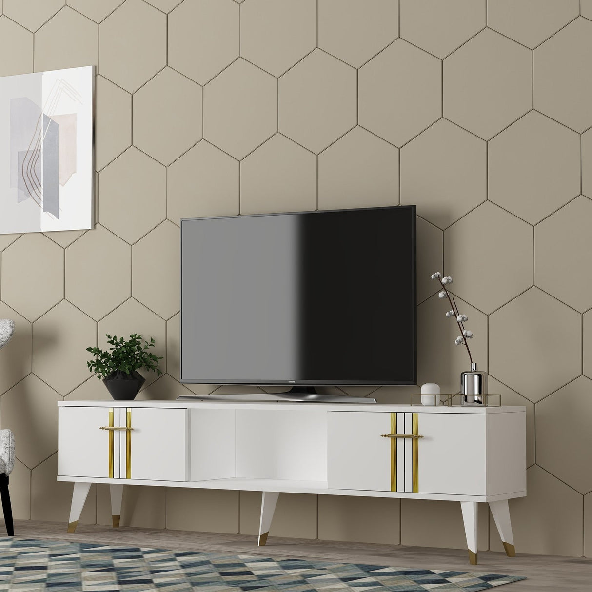 Comodă TV Asel, Diverse culori, 150x30x45 cm - Alb - Auriu | SKU: 475OLV2698 | Comodă TV Asel, 150x30x45 cm, varianta Alb - Auriu, produs pentru amenajarea locuinței, disponibil online în România la CasaMob