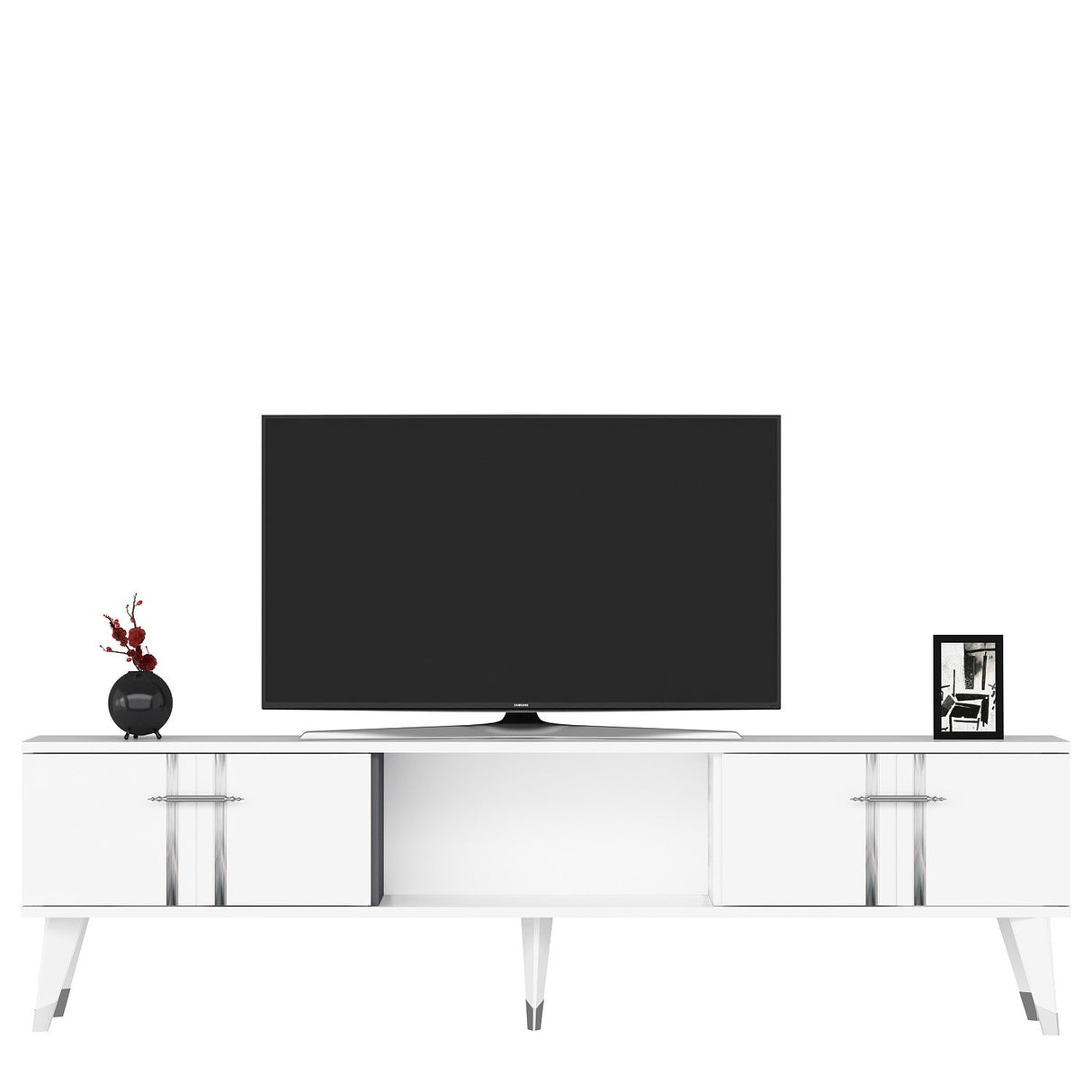 Comodă TV Asel, Diverse culori, 150x30x45 cm - Alb - Argintiu | SKU: 475OLV2699 | Comodă TV Asel, 150x30x45 cm, varianta Alb - Argintiu, produs pentru amenajarea locuinței, disponibil online în România la CasaMob