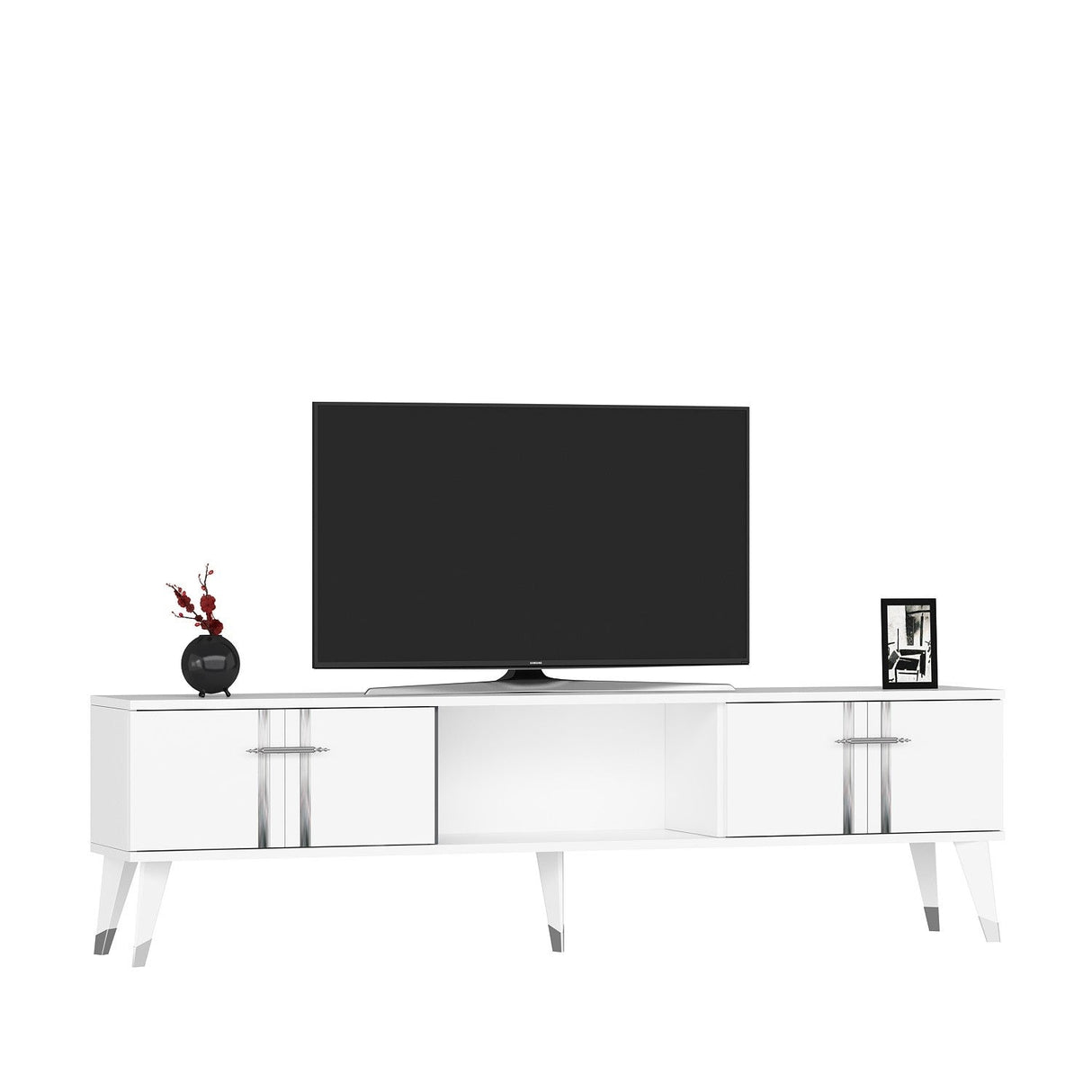 Comodă TV Asel, Diverse culori, 150x30x45 cm - Alb - Argintiu | SKU: 475OLV2699 | Comodă TV Asel, 150x30x45 cm, varianta Alb - Argintiu, produs pentru amenajarea locuinței, disponibil online în România la CasaMob