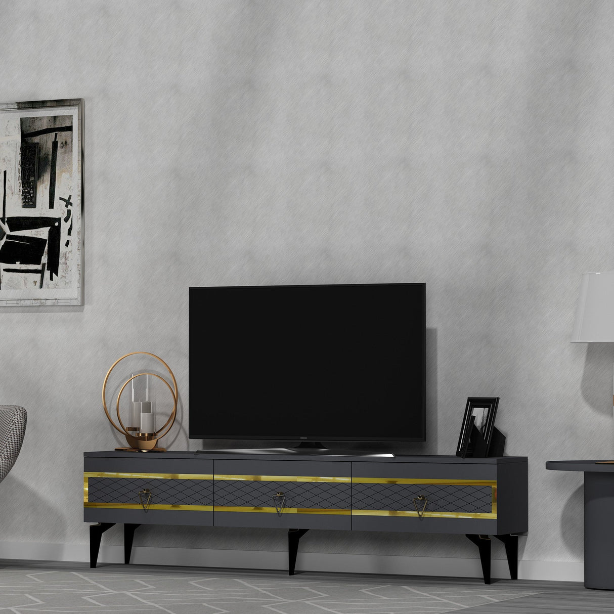 Comodă TV Ipek, Diverse culori - Antracit - Auriu | SKU: 475OLV2705 | Comodă TV Ipek, varianta Antracit - Auriu, produs pentru amenajarea locuinței, disponibil online în România la CasaMob