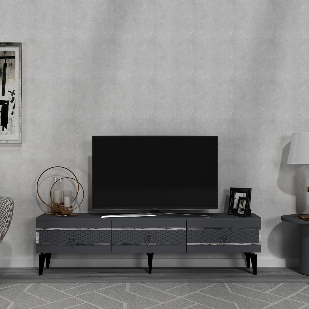 Comodă TV Ipek, Diverse culori - Antracit - Argintiu | SKU: 475OLV2706 | Comodă TV Ipek, varianta Antracit - Argintiu, produs pentru amenajarea locuinței, disponibil online în România la CasaMob