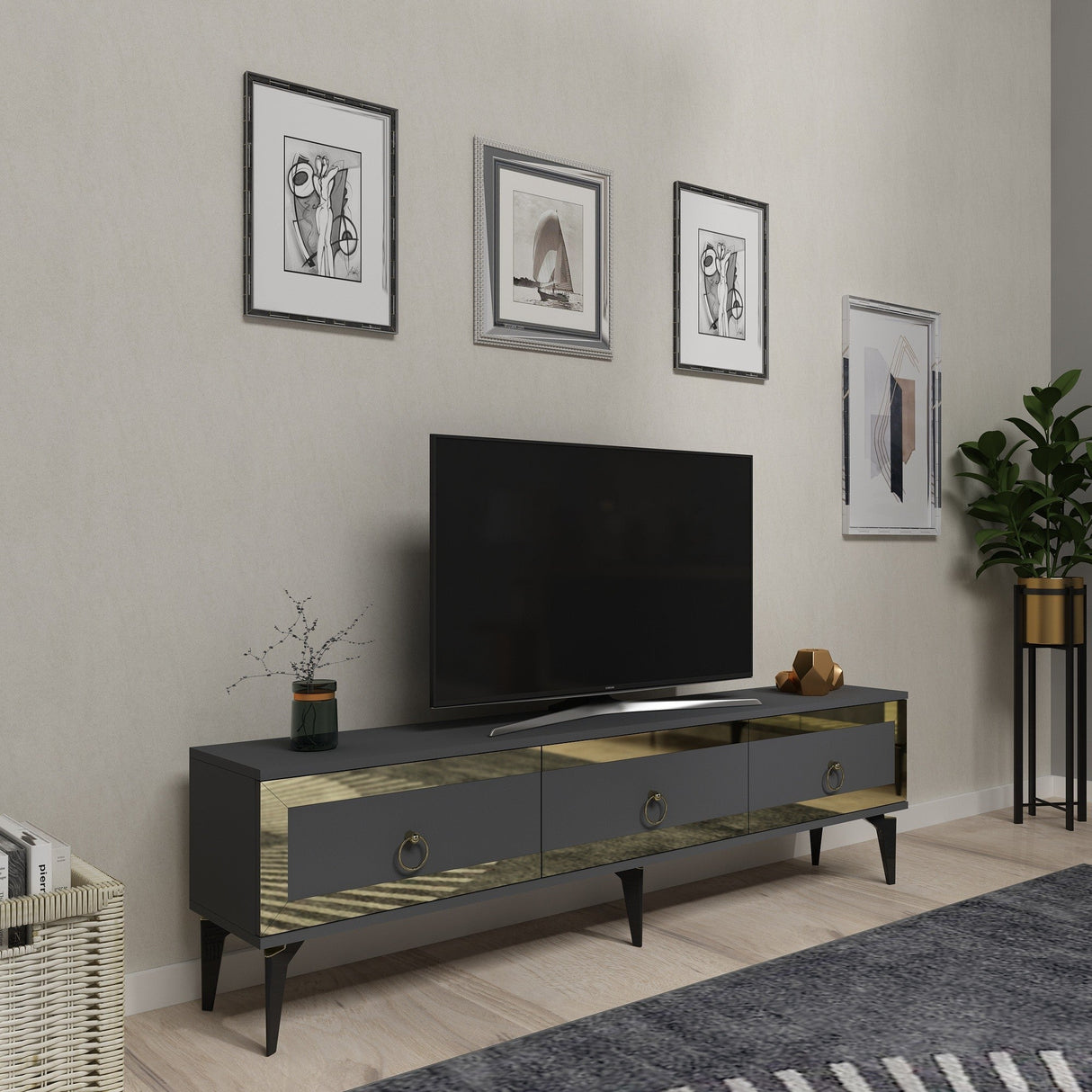 Comodă TV Ponny, Diverse culori - Antracit - Auriu | SKU: 475OLV2718 | Comodă TV Ponny, varianta Antracit - Auriu, produs pentru amenajarea locuinței, disponibil online în România la CasaMob