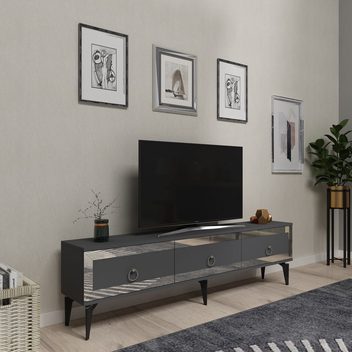 Comodă TV Ponny, Diverse culori - Antracit - Argintiu | SKU: 475OLV2719 | Comodă TV Ponny, varianta Antracit - Argintiu, produs pentru amenajarea locuinței, disponibil online în România la CasaMob