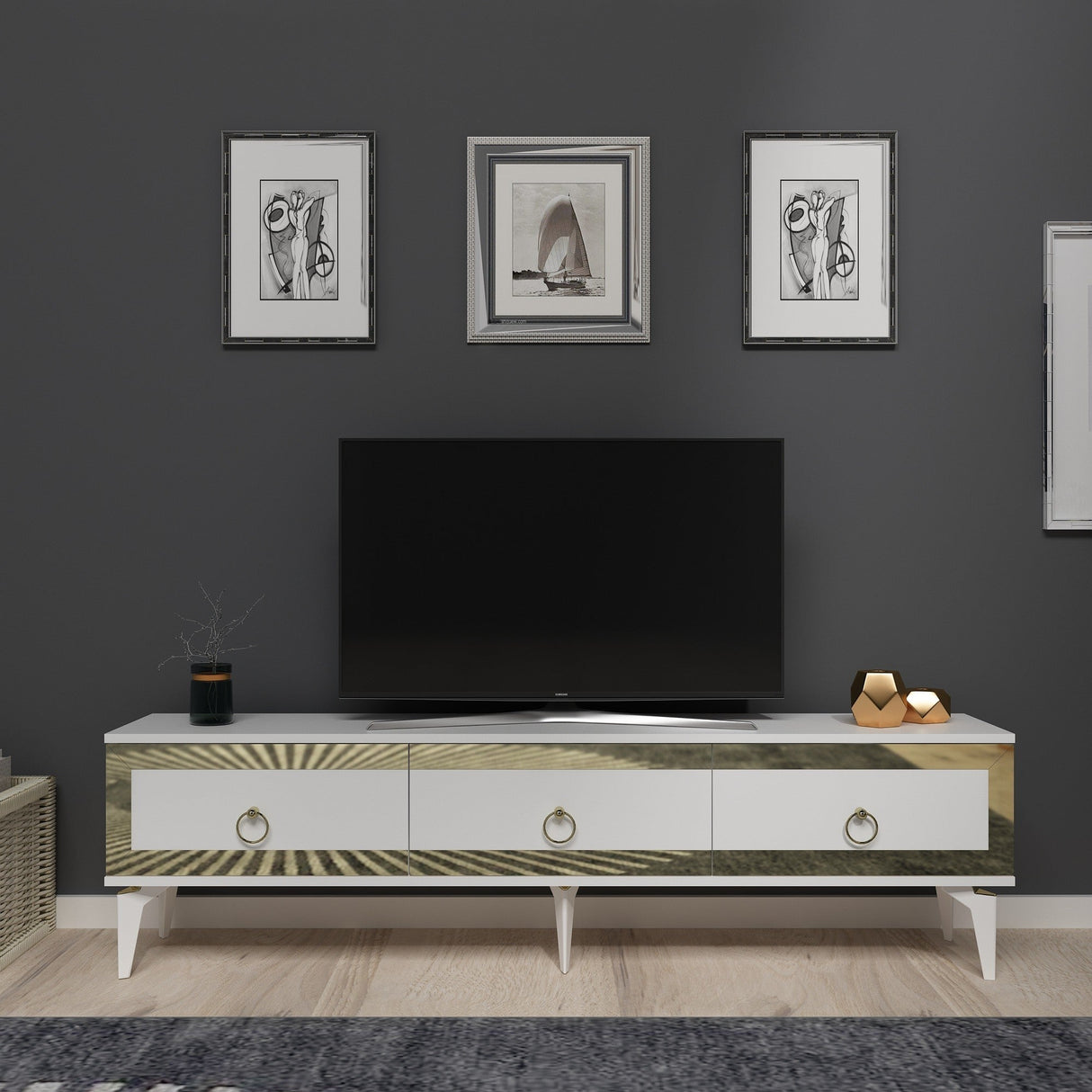 Comodă TV Ponny, Diverse culori - Alb - Auriu | SKU: 475OLV2720 | Comodă TV Ponny, varianta Alb - Auriu, produs pentru amenajarea locuinței, disponibil online în România la CasaMob