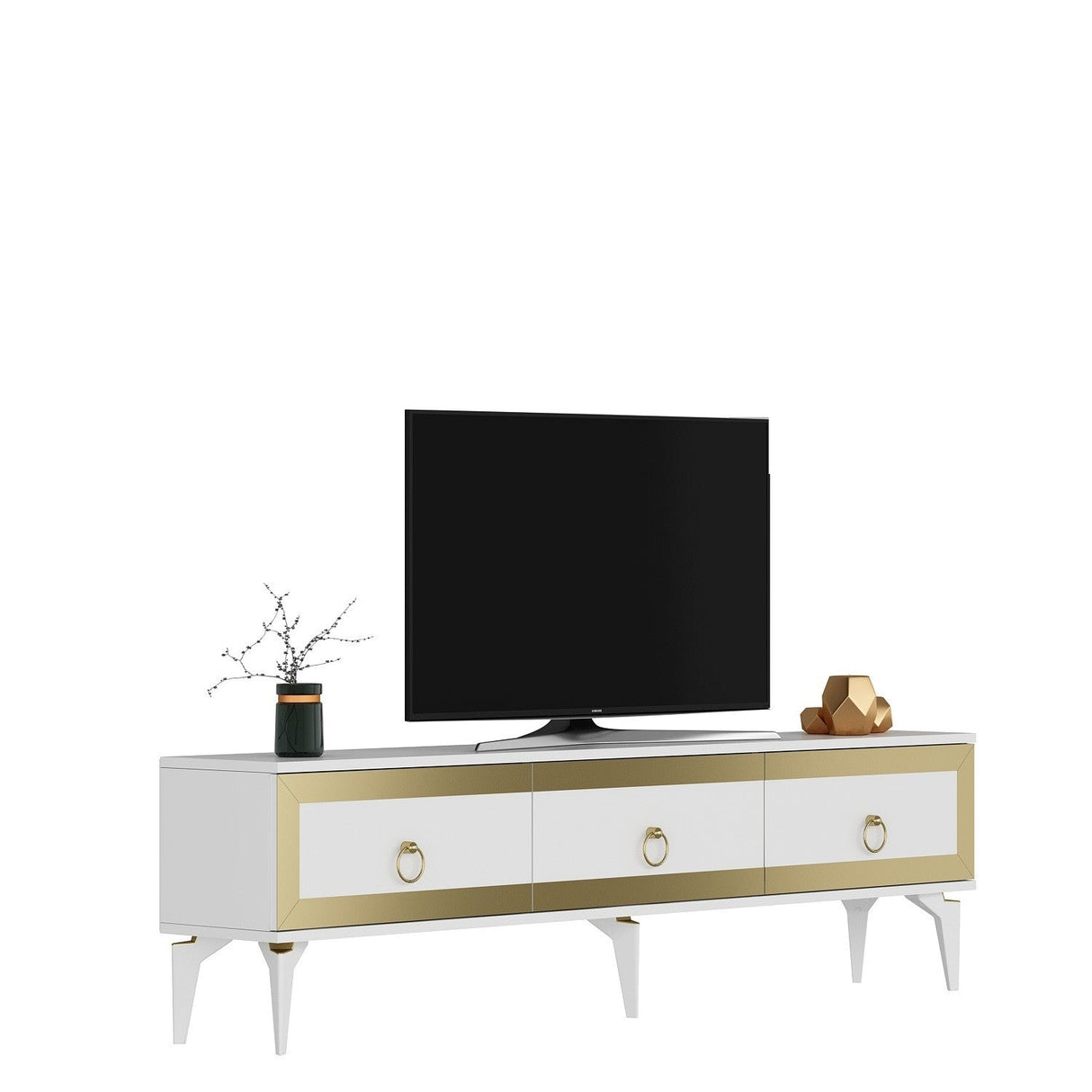 Comodă TV Ponny, Diverse culori - Alb - Auriu | SKU: 475OLV2720 | Comodă TV Ponny, varianta Alb - Auriu, produs pentru amenajarea locuinței, disponibil online în România la CasaMob