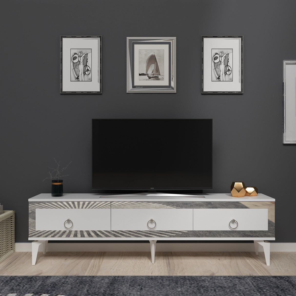 Comodă TV Ponny, Diverse culori - Alb - Argintiu | SKU: 475OLV2721 | Comodă TV Ponny, varianta Alb - Argintiu, produs pentru amenajarea locuinței, disponibil online în România la CasaMob