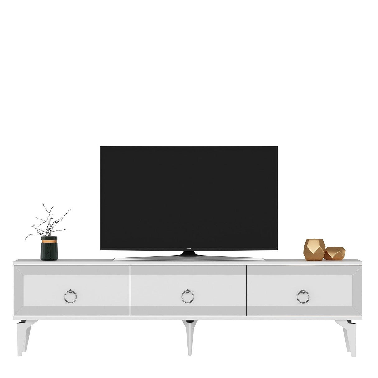 Comodă TV Ponny, Diverse culori - Alb - Argintiu | SKU: 475OLV2721 | Comodă TV Ponny, varianta Alb - Argintiu, produs pentru amenajarea locuinței, disponibil online în România la CasaMob