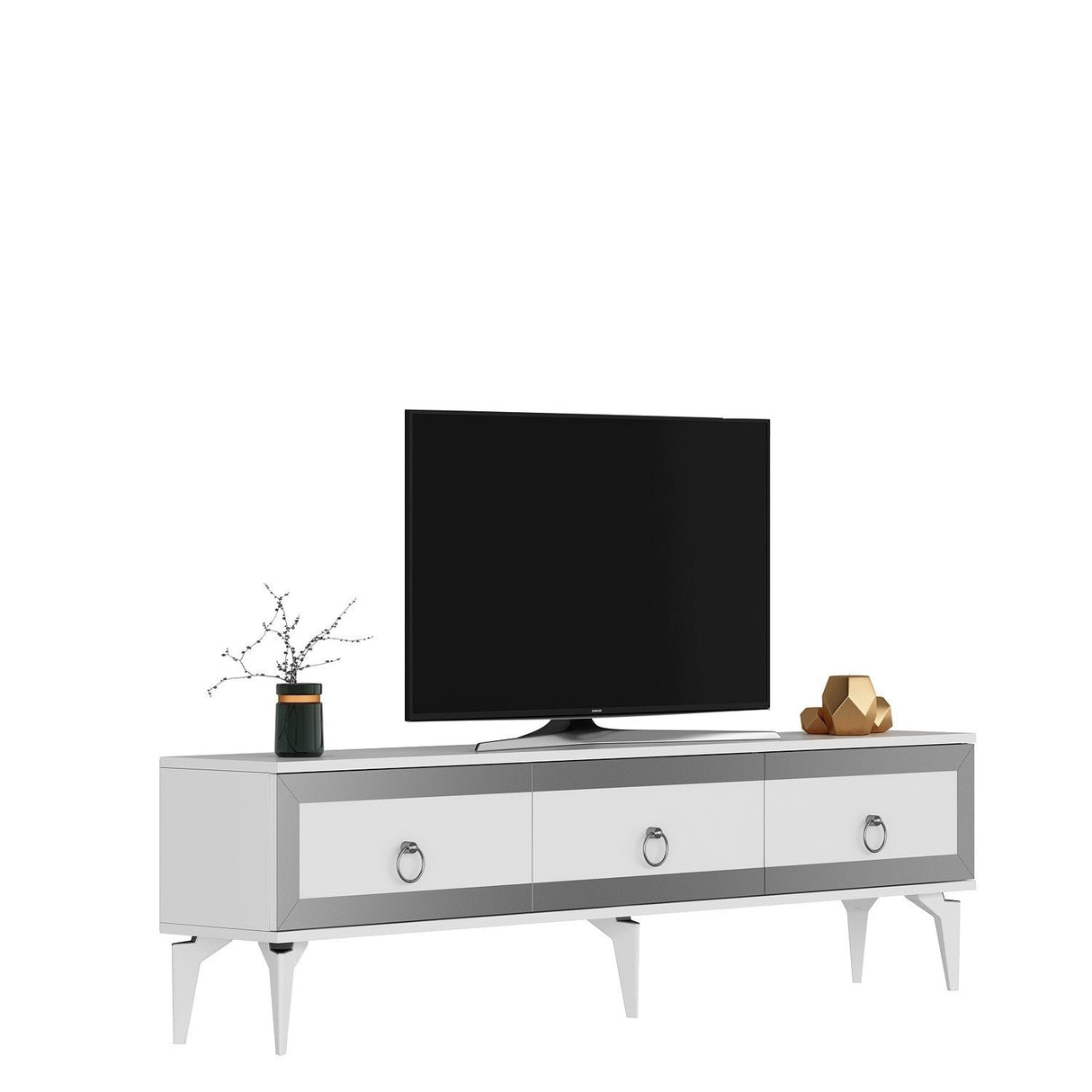 Comodă TV Ponny, Diverse culori - Alb - Argintiu | SKU: 475OLV2721 | Comodă TV Ponny, varianta Alb - Argintiu, produs pentru amenajarea locuinței, disponibil online în România la CasaMob