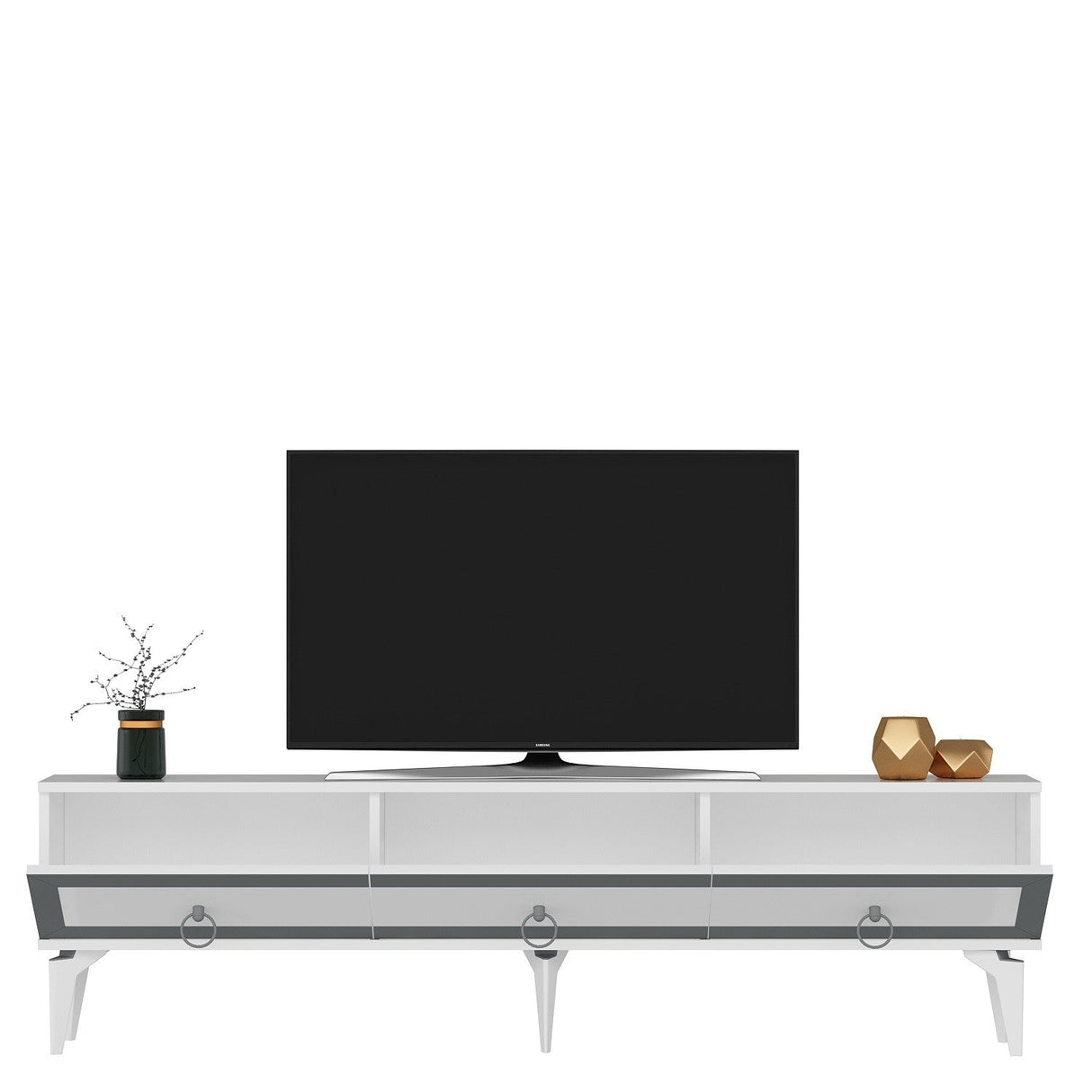 Comodă TV Ponny, Diverse culori - Alb - Argintiu | SKU: 475OLV2721 | Comodă TV Ponny, varianta Alb - Argintiu, produs pentru amenajarea locuinței, disponibil online în România la CasaMob