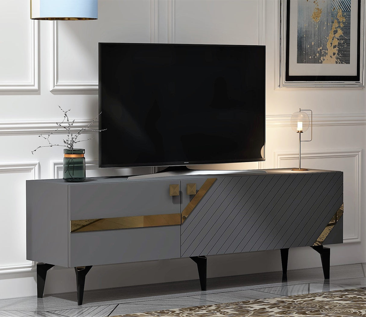 Comodă TV Iris, Diverse culori - Antracit - Auriu | SKU: 475OLV2726 | Comodă TV Iris, varianta Antracit - Auriu, produs pentru amenajarea locuinței, disponibil online în România la CasaMob