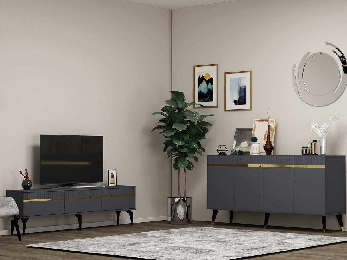 Set mobilă pentru sufragerie Defne, Diverse culori - Antracit - Auriu | SKU: 475OLV2797 | Set mobilă pentru sufragerie Defne, varianta Antracit - Auriu, produs pentru amenajarea locuinței, disponibil online în România la CasaMob