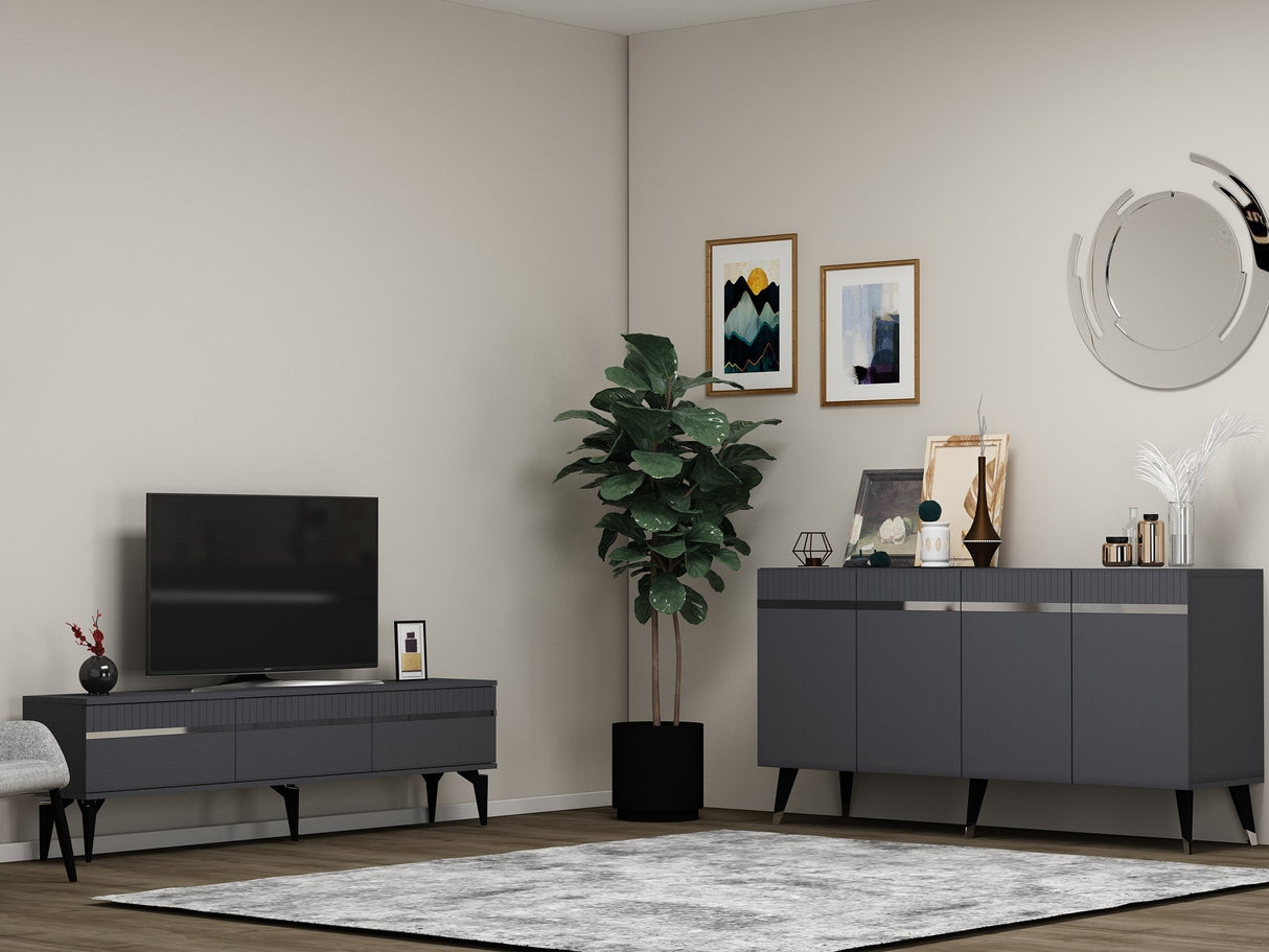 Set mobilă pentru sufragerie Defne, Diverse culori - Antracit - Argintiu | SKU: 475OLV2798 | Set mobilă pentru sufragerie Defne, varianta Antracit - Argintiu, produs pentru amenajarea locuinței, disponibil online în România la CasaMob
