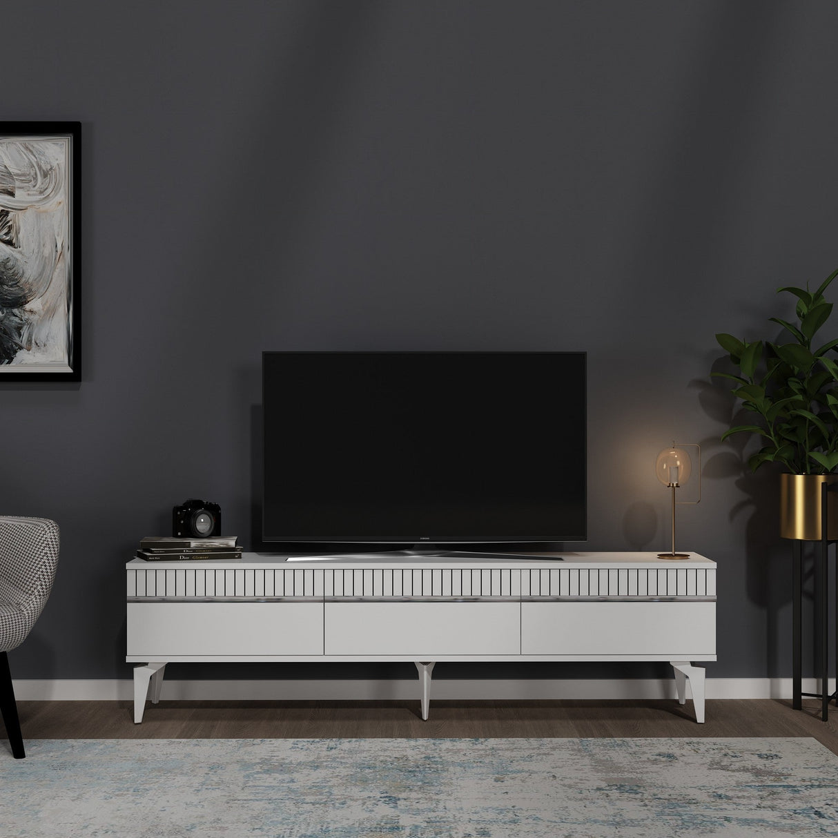 Set mobilă pentru sufragerie Defne, Diverse culori - Alb - Argintiu | SKU: 475OLV2800 | Set mobilă pentru sufragerie Defne, varianta Alb - Argintiu, produs pentru amenajarea locuinței, disponibil online în România la CasaMob