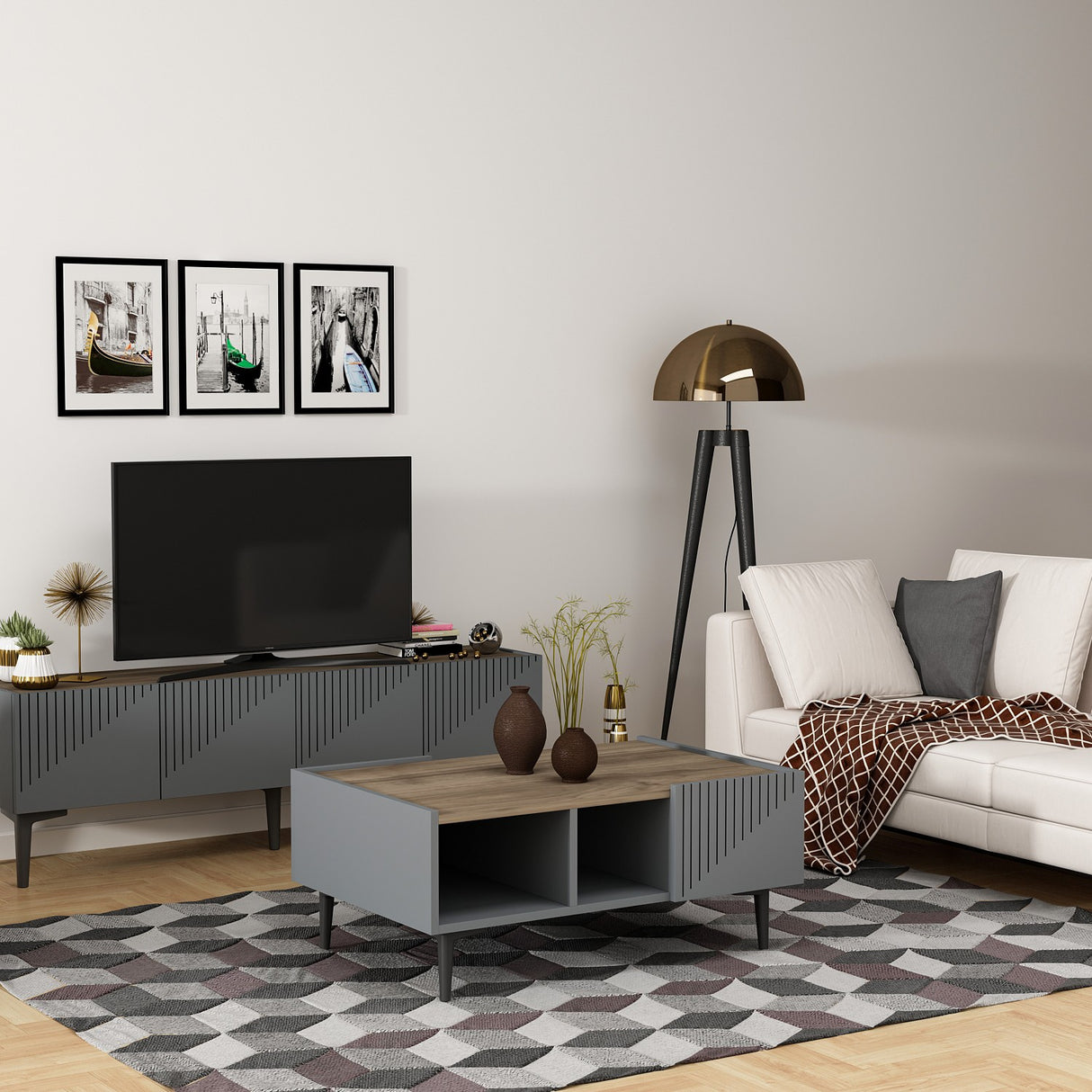 Set mobilă pentru sufragerie Draw, Diverse culori - Antracit - Nuc | SKU: 475OLV2801 | Set mobilă pentru sufragerie Draw, varianta Antracit - Nuc, produs pentru amenajarea locuinței, disponibil online în România la CasaMob