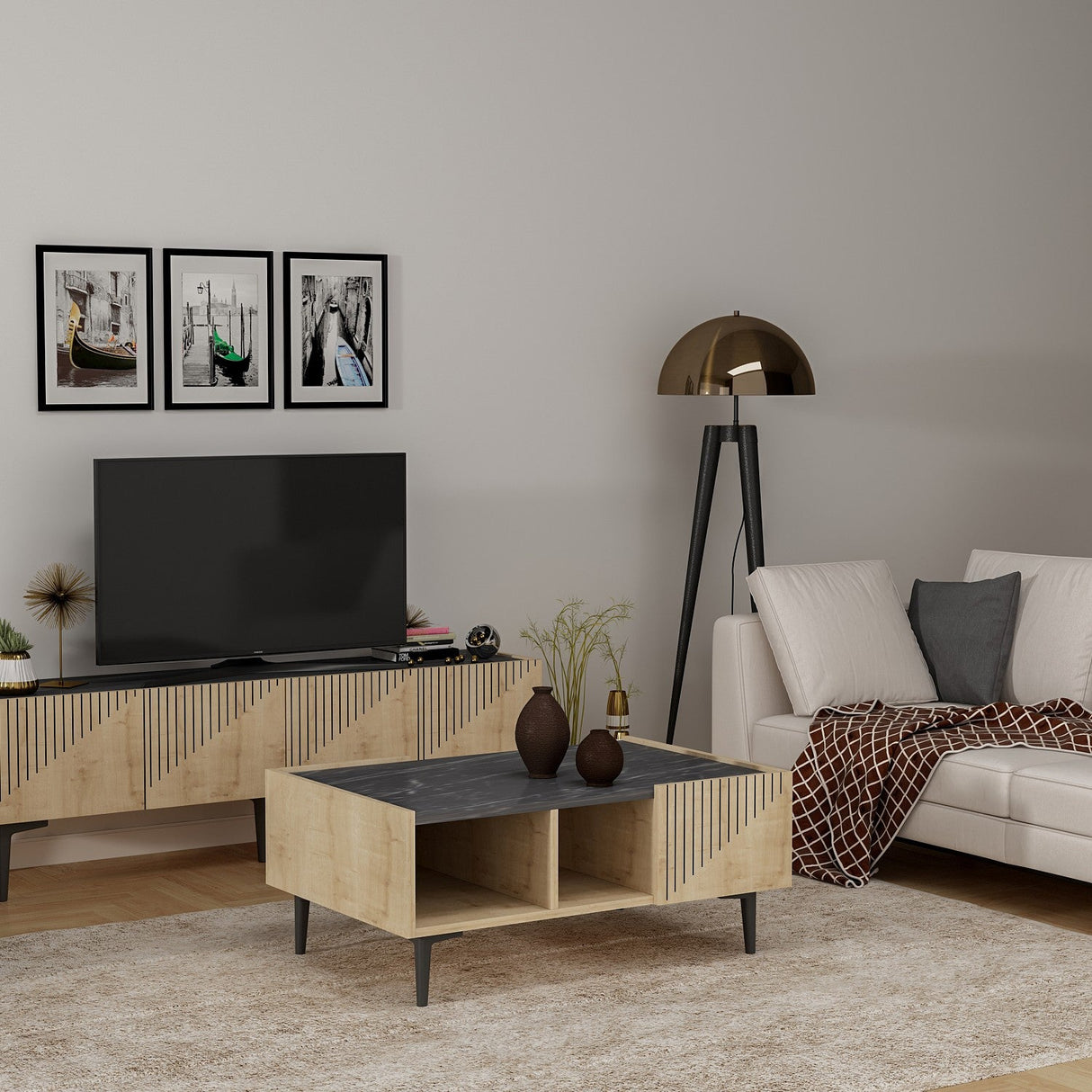 Set mobilă pentru sufragerie Draw, Diverse culori - Stejar safir - Negru | SKU: 475OLV2803 | Set mobilă pentru sufragerie Draw, varianta Stejar safir - Negru, produs pentru amenajarea locuinței, disponibil online în România la CasaMob