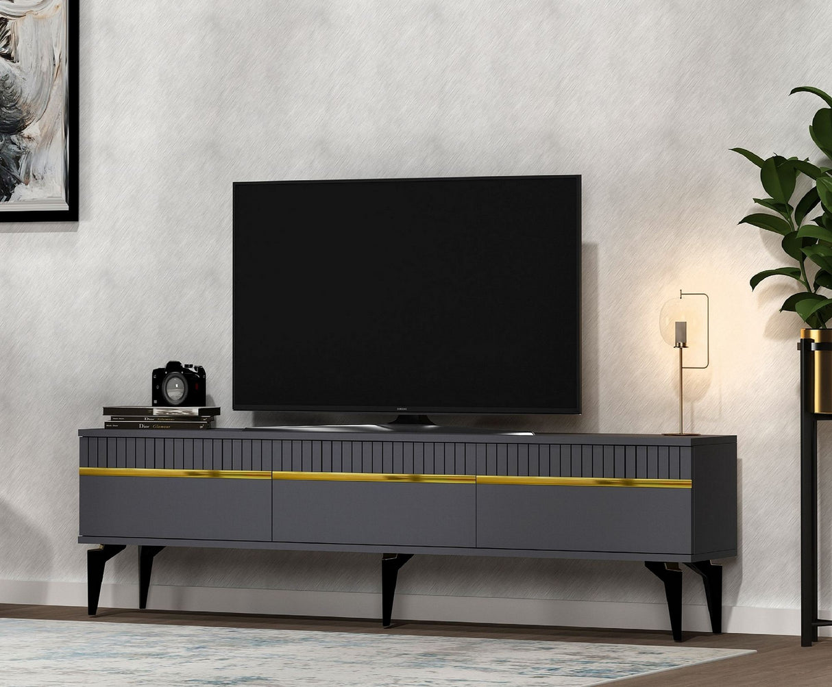 Comodă TV Defne, Diverse culori, 180x30x45 cm - Antracit - Auriu | SKU: 475OLV2901 | Comodă TV Defne, 180x30x45 cm, varianta Antracit - Auriu, produs pentru amenajarea locuinței, disponibil online în România la CasaMob