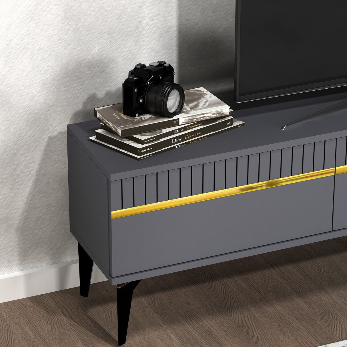 Comodă TV Defne, Diverse culori, 180x30x45 cm - Antracit - Auriu | SKU: 475OLV2901 | Comodă TV Defne, 180x30x45 cm, varianta Antracit - Auriu, produs pentru amenajarea locuinței, disponibil online în România la CasaMob