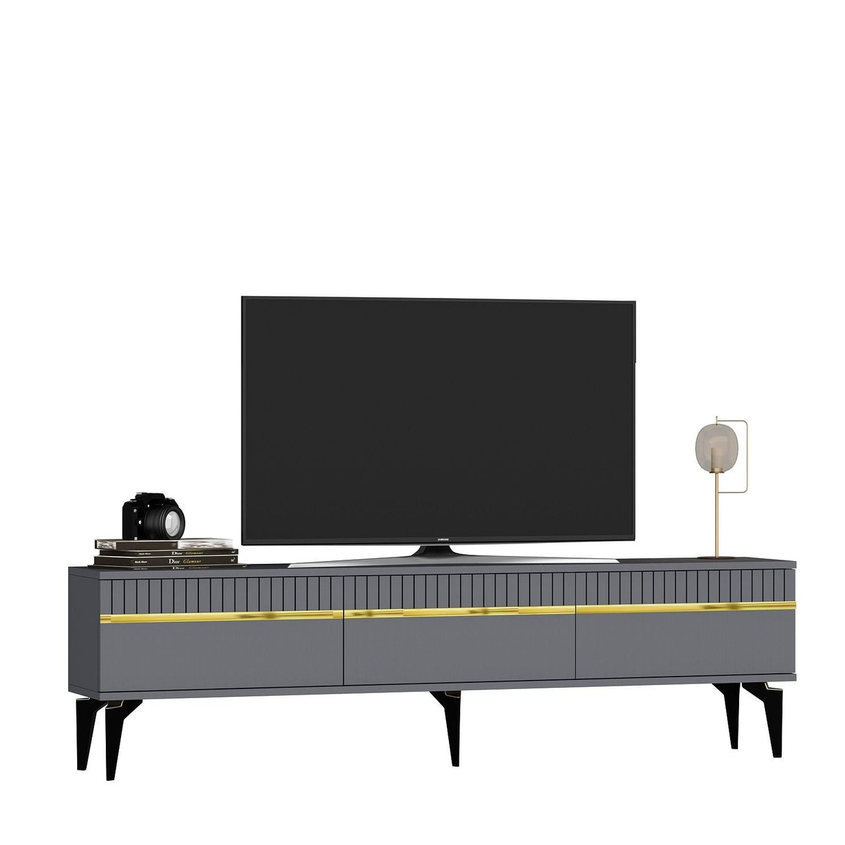 Comodă TV Defne, Diverse culori, 180x30x45 cm - Antracit - Auriu | SKU: 475OLV2901 | Comodă TV Defne, 180x30x45 cm, varianta Antracit - Auriu, produs pentru amenajarea locuinței, disponibil online în România la CasaMob