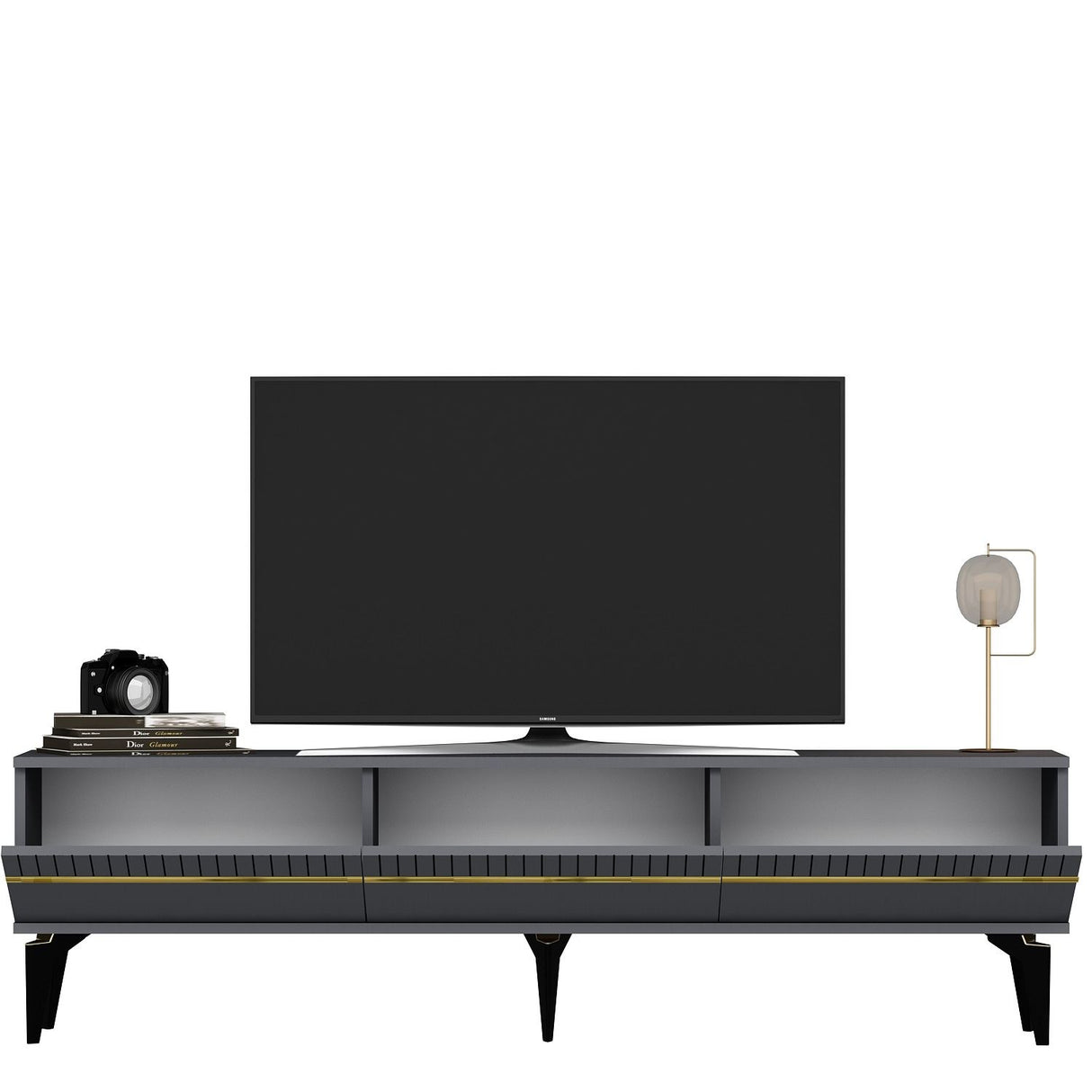 Comodă TV Defne, Diverse culori, 180x30x45 cm - Antracit - Auriu | SKU: 475OLV2901 | Comodă TV Defne, 180x30x45 cm, varianta Antracit - Auriu, produs pentru amenajarea locuinței, disponibil online în România la CasaMob