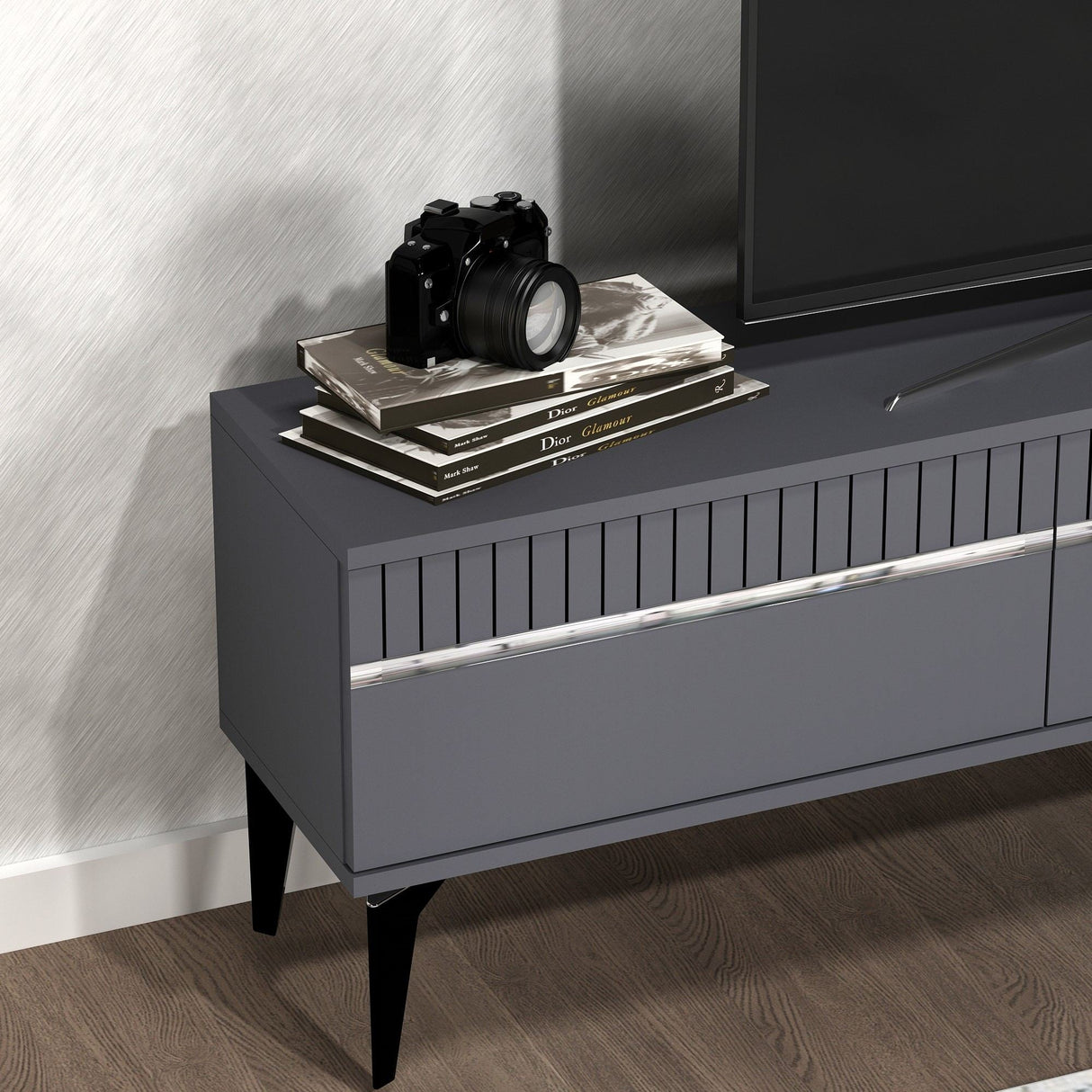 Comodă TV Defne, Diverse culori, 180x30x45 cm - Antracit - Argintiu | SKU: 475OLV2902 | Comodă TV Defne, 180x30x45 cm, varianta Antracit - Argintiu, produs pentru amenajarea locuinței, disponibil online în România la CasaMob