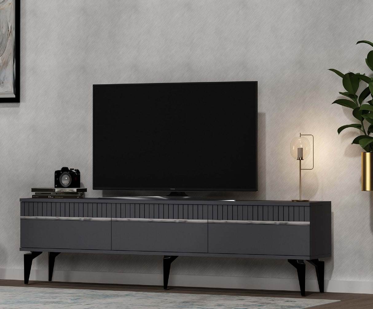 Comodă TV Defne, Diverse culori, 180x30x45 cm - Antracit - Argintiu | SKU: 475OLV2902 | Comodă TV Defne, 180x30x45 cm, varianta Antracit - Argintiu, produs pentru amenajarea locuinței, disponibil online în România la CasaMob