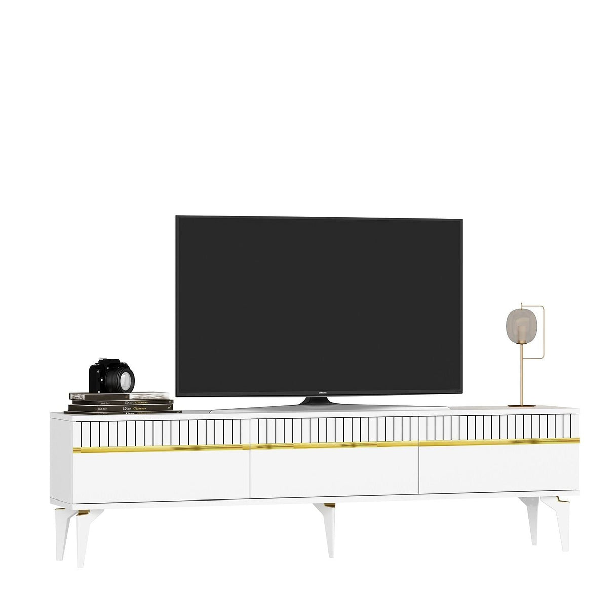 Comodă TV Defne, Diverse culori, 180x30x45 cm - Alb - Auriu | SKU: 475OLV2903 | Comodă TV Defne, 180x30x45 cm, varianta Alb - Auriu, produs pentru amenajarea locuinței, disponibil online în România la CasaMob