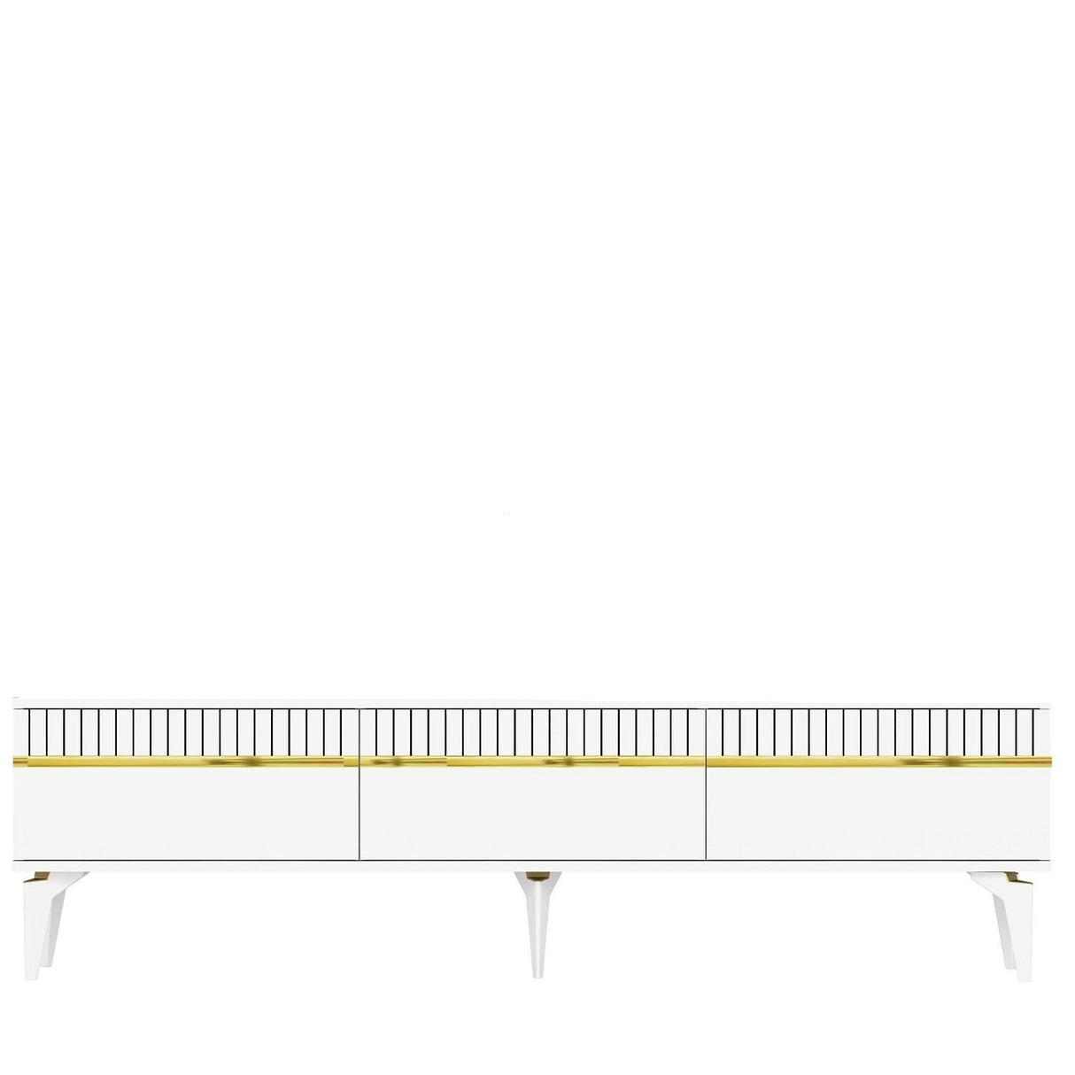 Comodă TV Defne, Diverse culori, 180x30x45 cm - Alb - Auriu | SKU: 475OLV2903 | Comodă TV Defne, 180x30x45 cm, varianta Alb - Auriu, produs pentru amenajarea locuinței, disponibil online în România la CasaMob