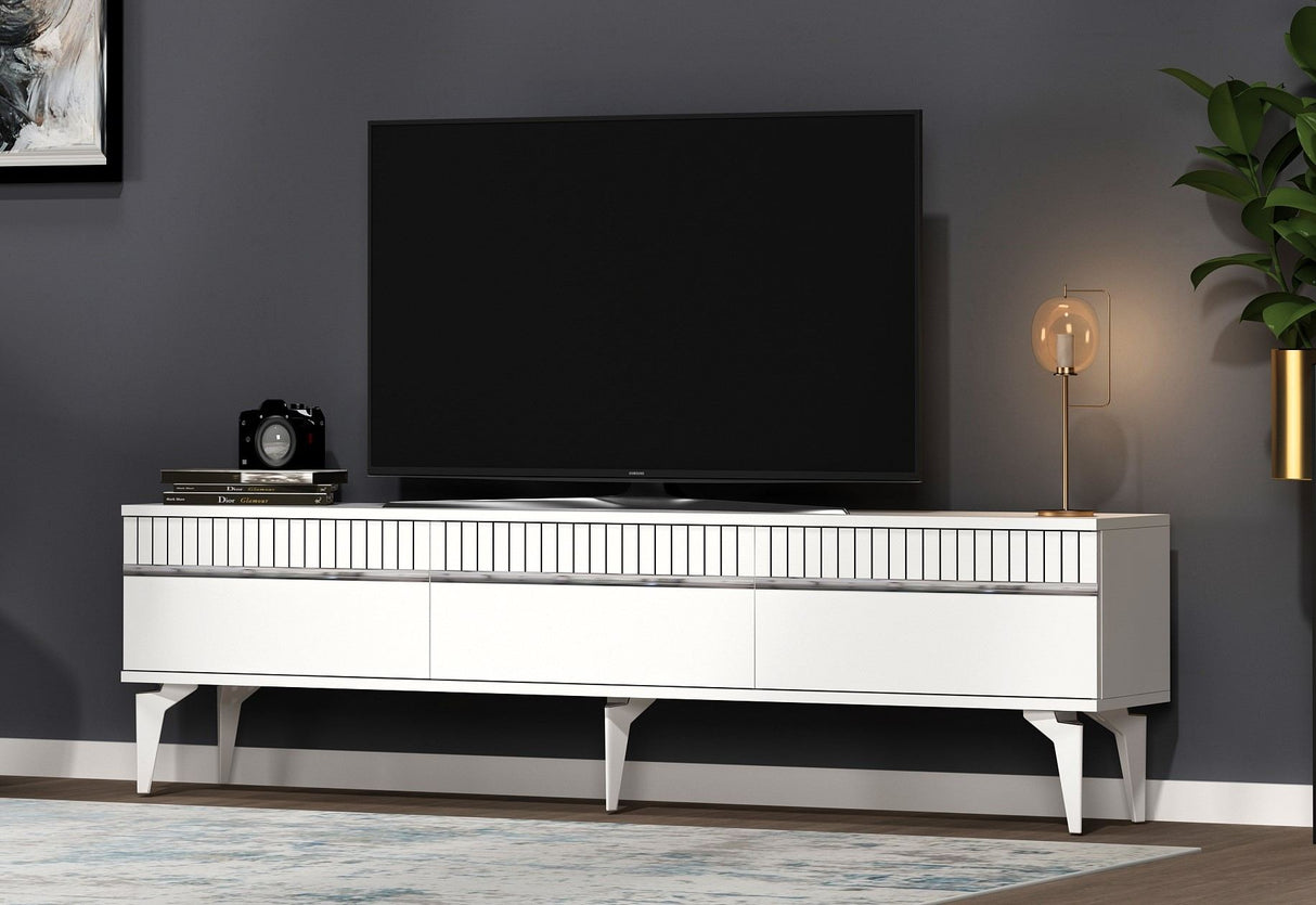 Comodă TV Defne, Diverse culori, 180x30x45 cm - Alb - Argintiu | SKU: 475OLV2904 | Comodă TV Defne, 180x30x45 cm, varianta Alb - Argintiu, produs pentru amenajarea locuinței, disponibil online în România la CasaMob