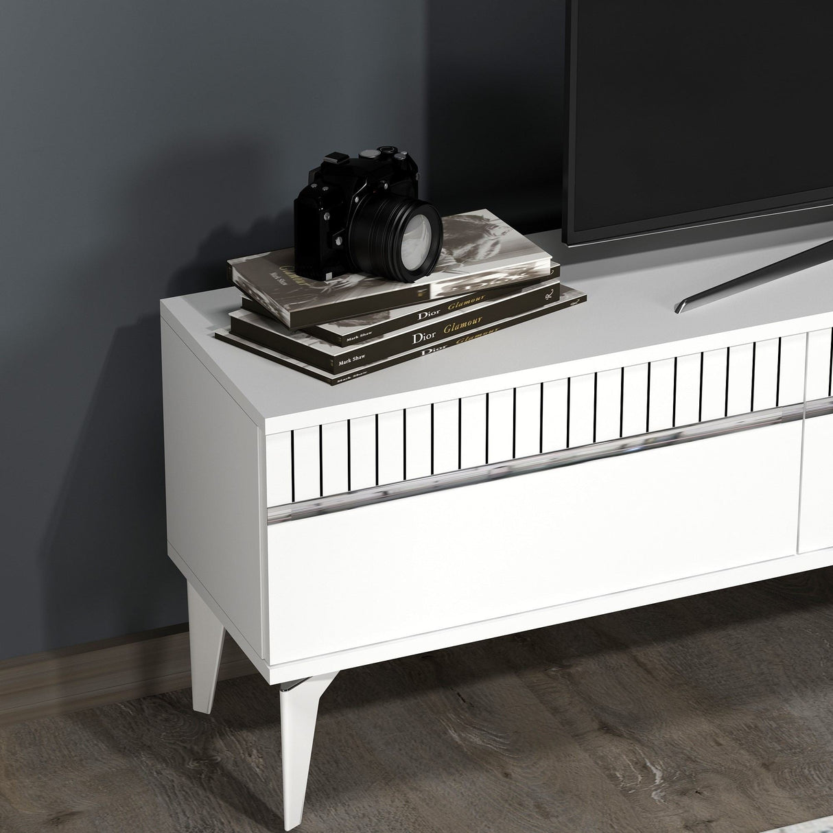 Comodă TV Defne, Diverse culori, 180x30x45 cm - Alb - Argintiu | SKU: 475OLV2904 | Comodă TV Defne, 180x30x45 cm, varianta Alb - Argintiu, produs pentru amenajarea locuinței, disponibil online în România la CasaMob