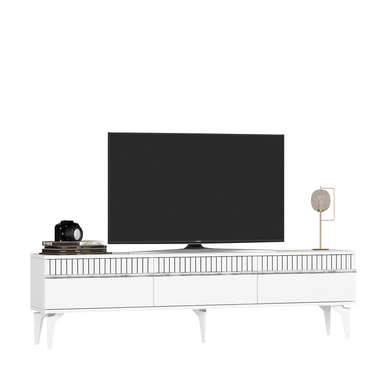 Comodă TV Defne, Diverse culori, 180x30x45 cm - Alb - Argintiu | SKU: 475OLV2904 | Comodă TV Defne, 180x30x45 cm, varianta Alb - Argintiu, produs pentru amenajarea locuinței, disponibil online în România la CasaMob