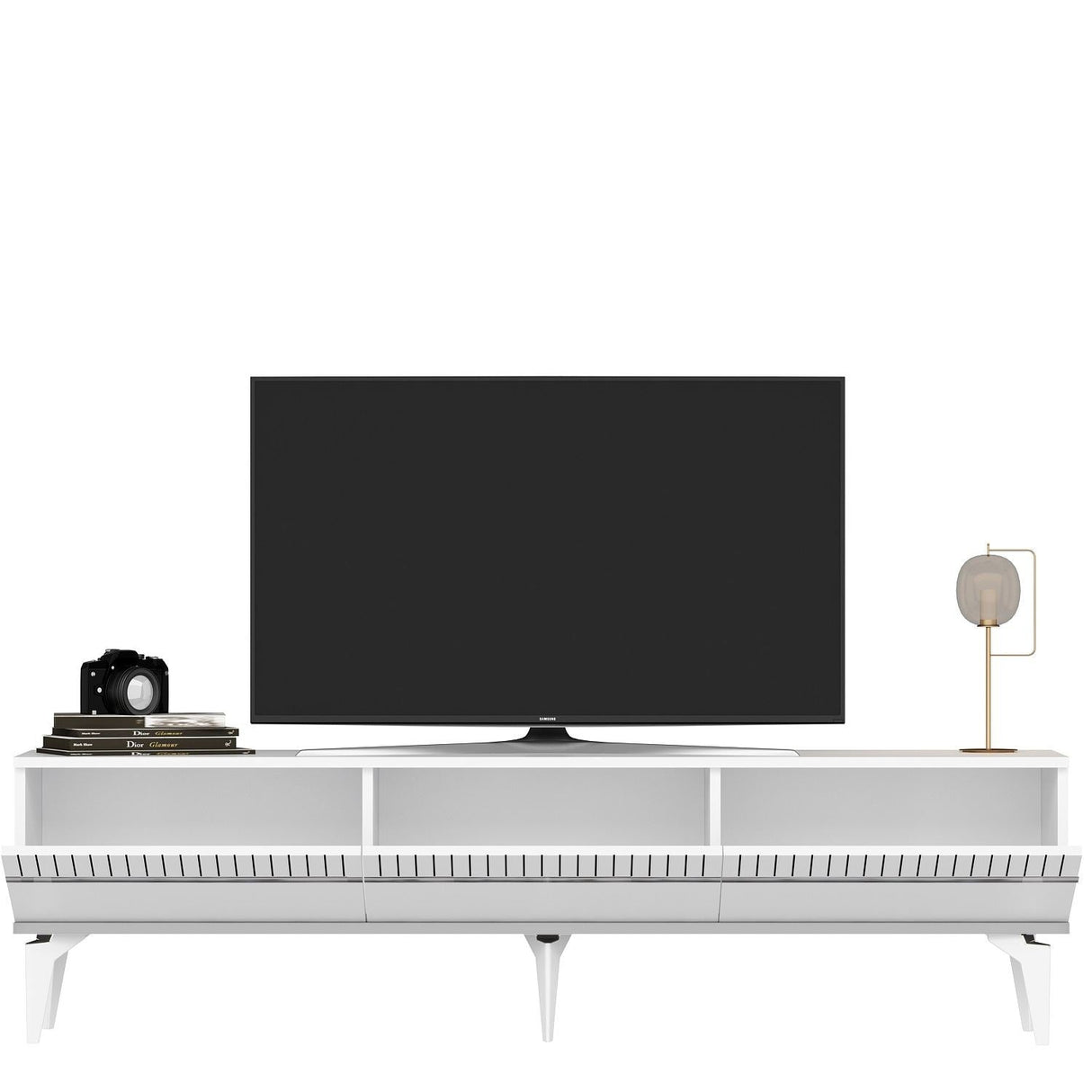 Comodă TV Defne, Diverse culori, 180x30x45 cm - Alb - Argintiu | SKU: 475OLV2904 | Comodă TV Defne, 180x30x45 cm, varianta Alb - Argintiu, produs pentru amenajarea locuinței, disponibil online în România la CasaMob
