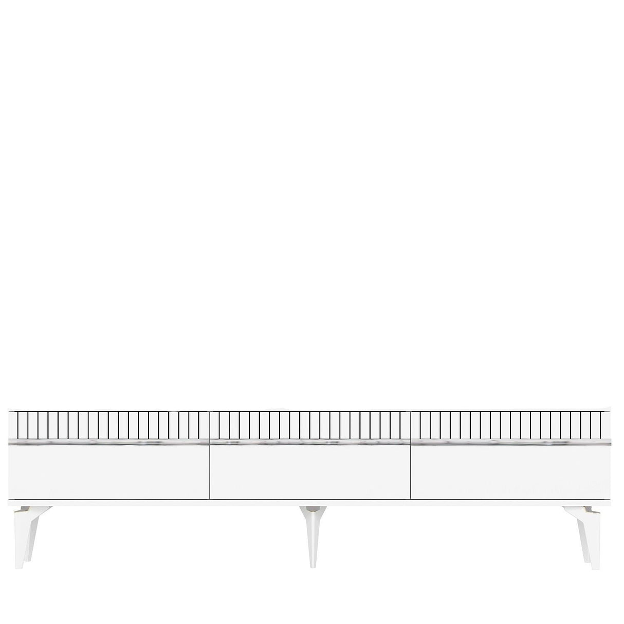 Comodă TV Defne, Diverse culori, 180x30x45 cm - Alb - Argintiu | SKU: 475OLV2904 | Comodă TV Defne, 180x30x45 cm, varianta Alb - Argintiu, produs pentru amenajarea locuinței, disponibil online în România la CasaMob