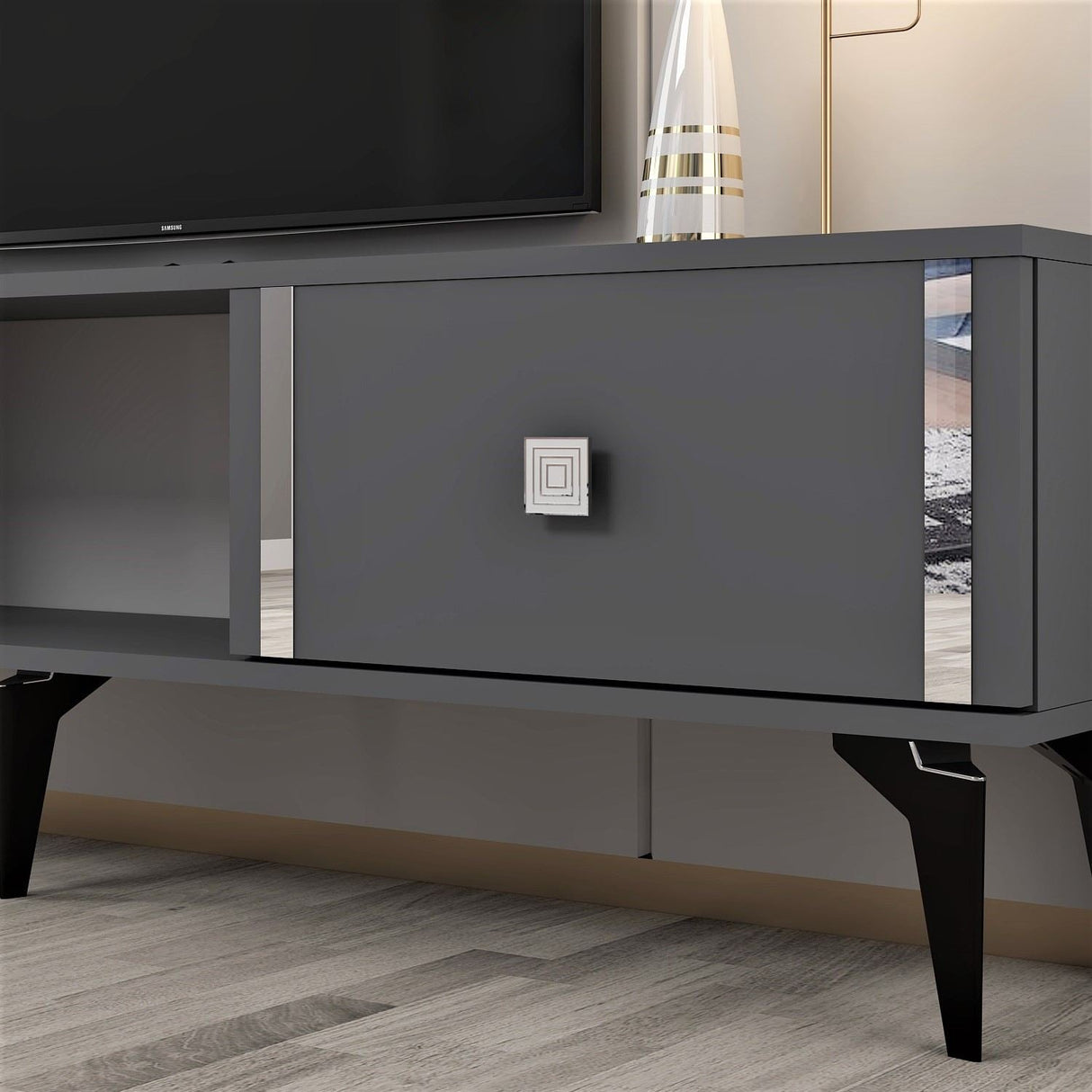 Comodă TV Doruk, Diverse culori, 150x30x45 cm - Antracit - Argintiu | SKU: 475OLV2930 | Comodă TV Doruk, 150x30x45 cm, varianta Antracit - Argintiu, produs pentru amenajarea locuinței, disponibil online în România la CasaMob