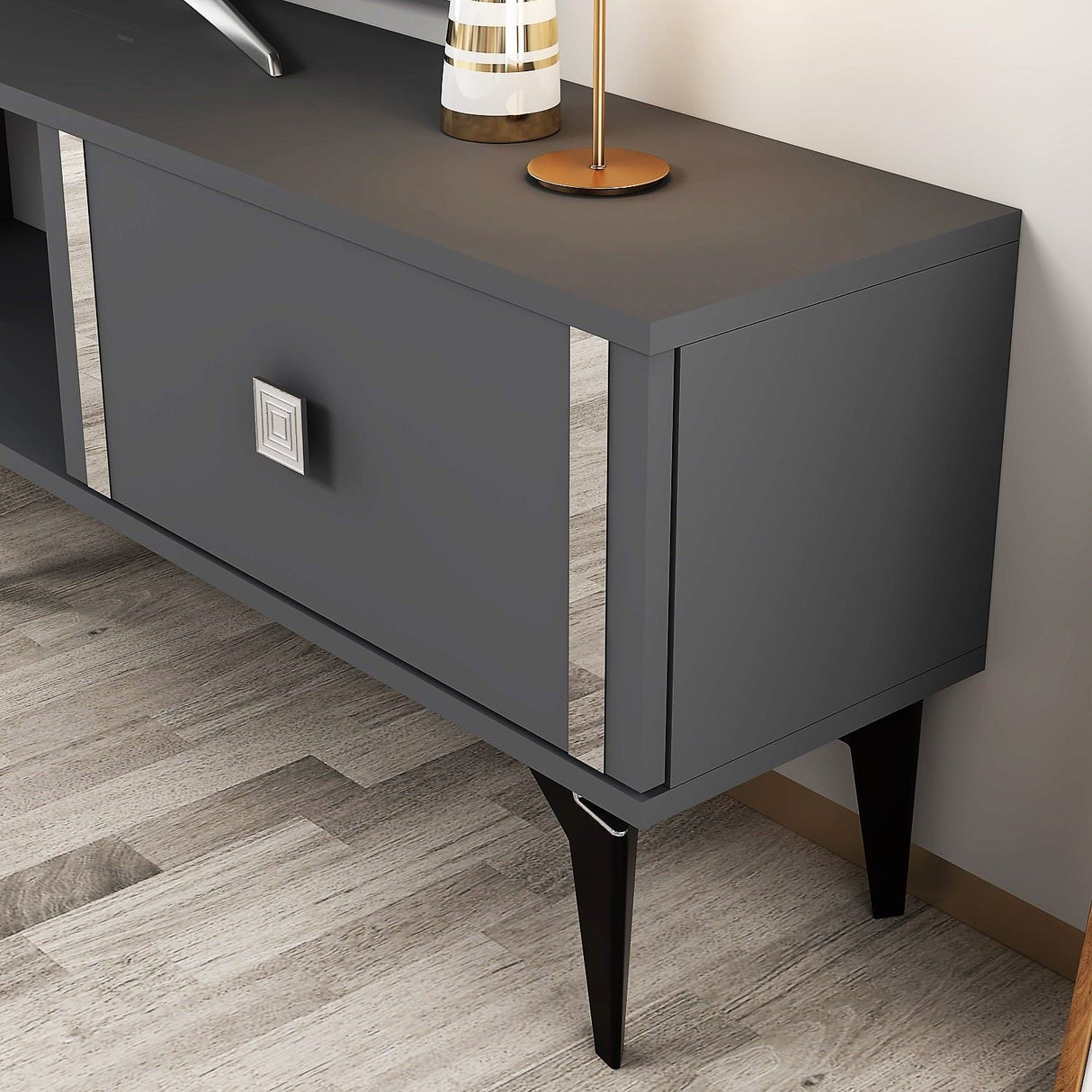 Comodă TV Doruk, Diverse culori, 150x30x45 cm - Antracit - Argintiu | SKU: 475OLV2930 | Comodă TV Doruk, 150x30x45 cm, varianta Antracit - Argintiu, produs pentru amenajarea locuinței, disponibil online în România la CasaMob