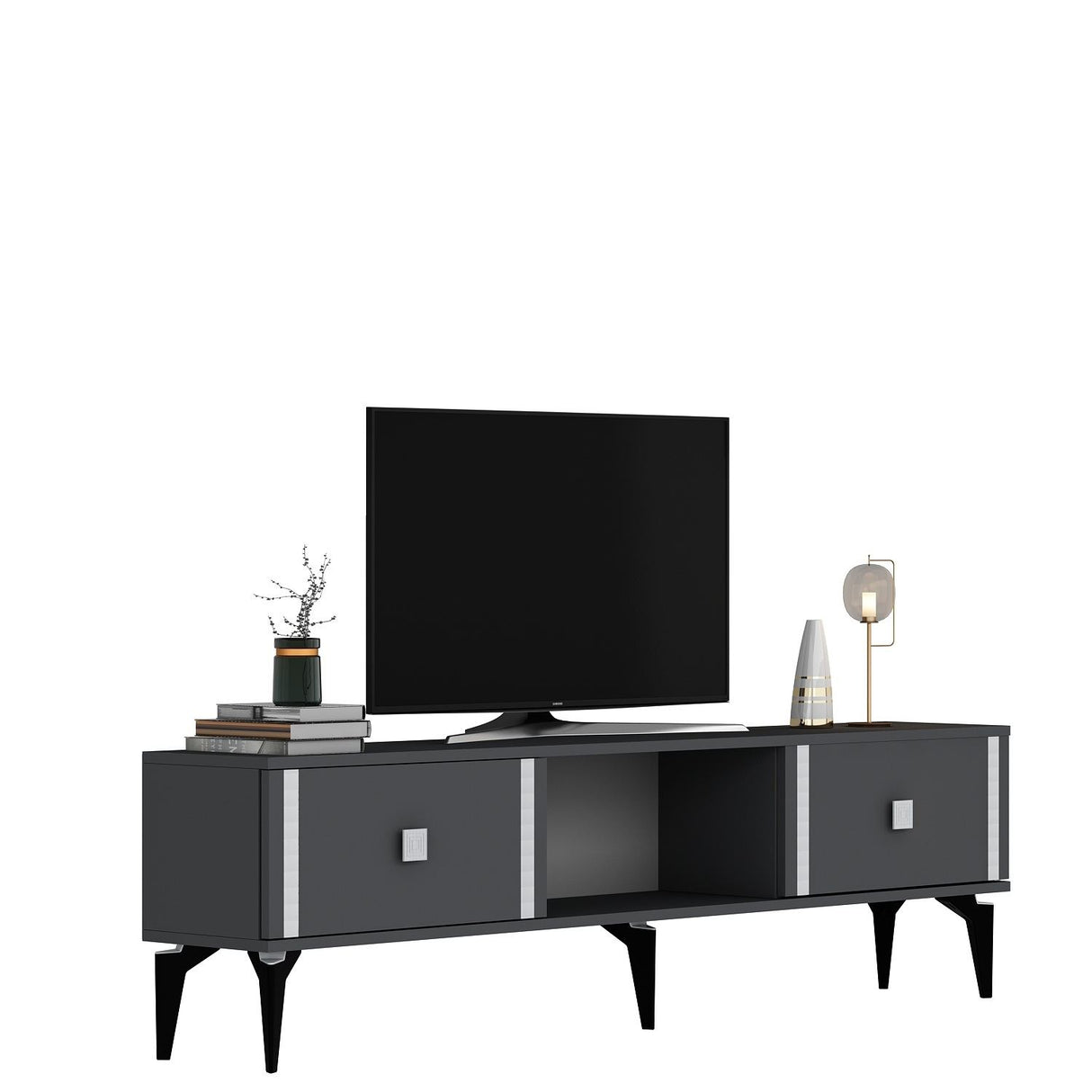 Comodă TV Doruk, Diverse culori, 150x30x45 cm - Antracit - Argintiu | SKU: 475OLV2930 | Comodă TV Doruk, 150x30x45 cm, varianta Antracit - Argintiu, produs pentru amenajarea locuinței, disponibil online în România la CasaMob