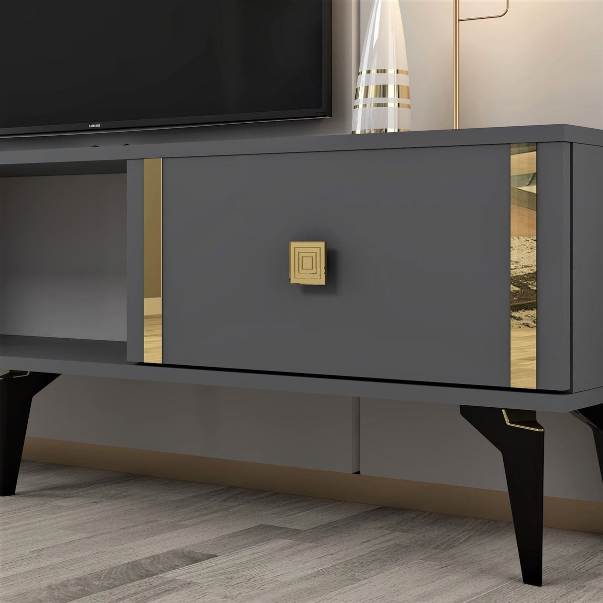 Comodă TV Doruk, Diverse culori, 150x30x45 cm - Antracit - Auriu | SKU: 475OLV2931 | Comodă TV Doruk, 150x30x45 cm, varianta Antracit - Auriu, produs pentru amenajarea locuinței, disponibil online în România la CasaMob