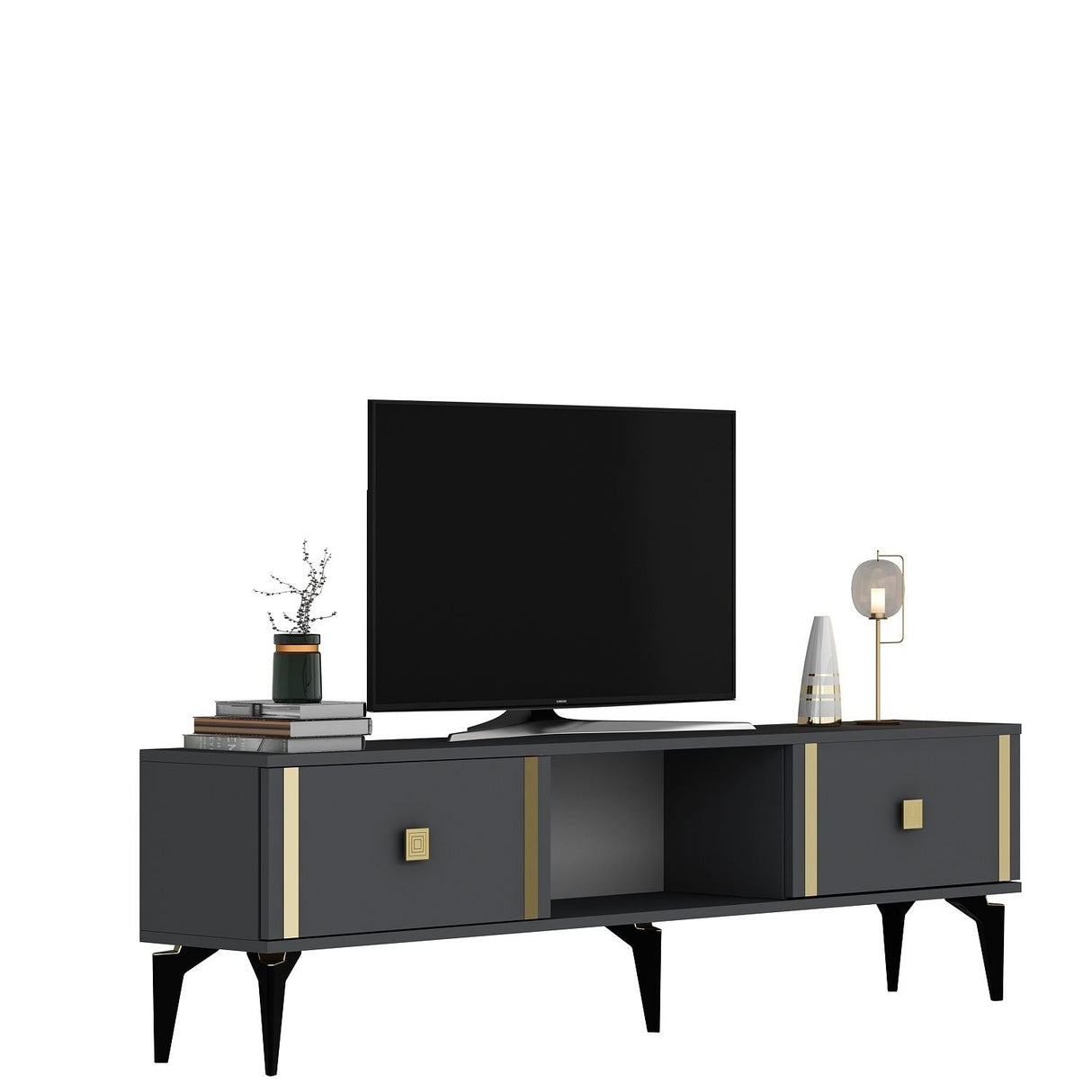 Comodă TV Doruk, Diverse culori, 150x30x45 cm - Antracit - Auriu | SKU: 475OLV2931 | Comodă TV Doruk, 150x30x45 cm, varianta Antracit - Auriu, produs pentru amenajarea locuinței, disponibil online în România la CasaMob