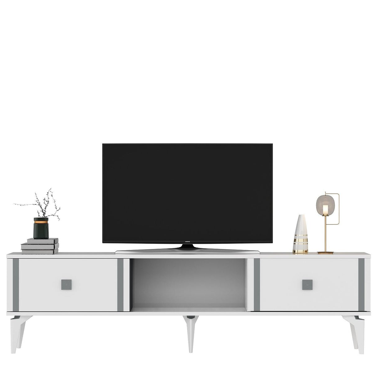 Comodă TV Doruk, Diverse culori, 150x30x45 cm - Alb - Argintiu | SKU: 475OLV2932 | Comodă TV Doruk, 150x30x45 cm, varianta Alb - Argintiu, produs pentru amenajarea locuinței, disponibil online în România la CasaMob