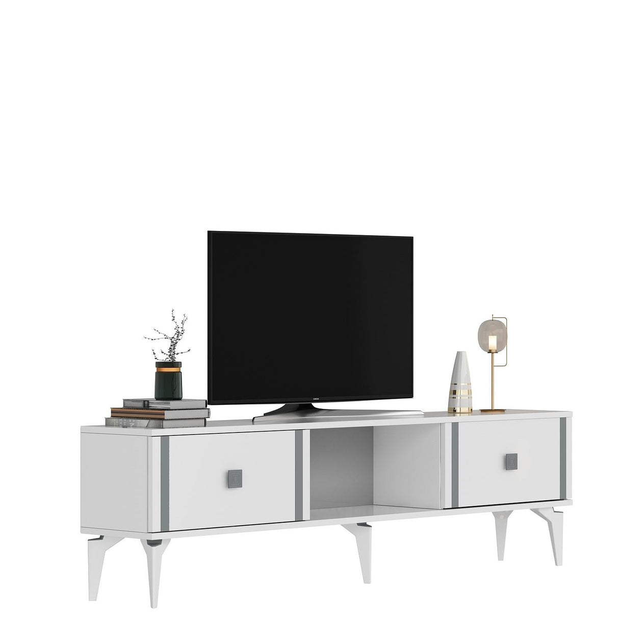 Comodă TV Doruk, Diverse culori, 150x30x45 cm - Alb - Argintiu | SKU: 475OLV2932 | Comodă TV Doruk, 150x30x45 cm, varianta Alb - Argintiu, produs pentru amenajarea locuinței, disponibil online în România la CasaMob