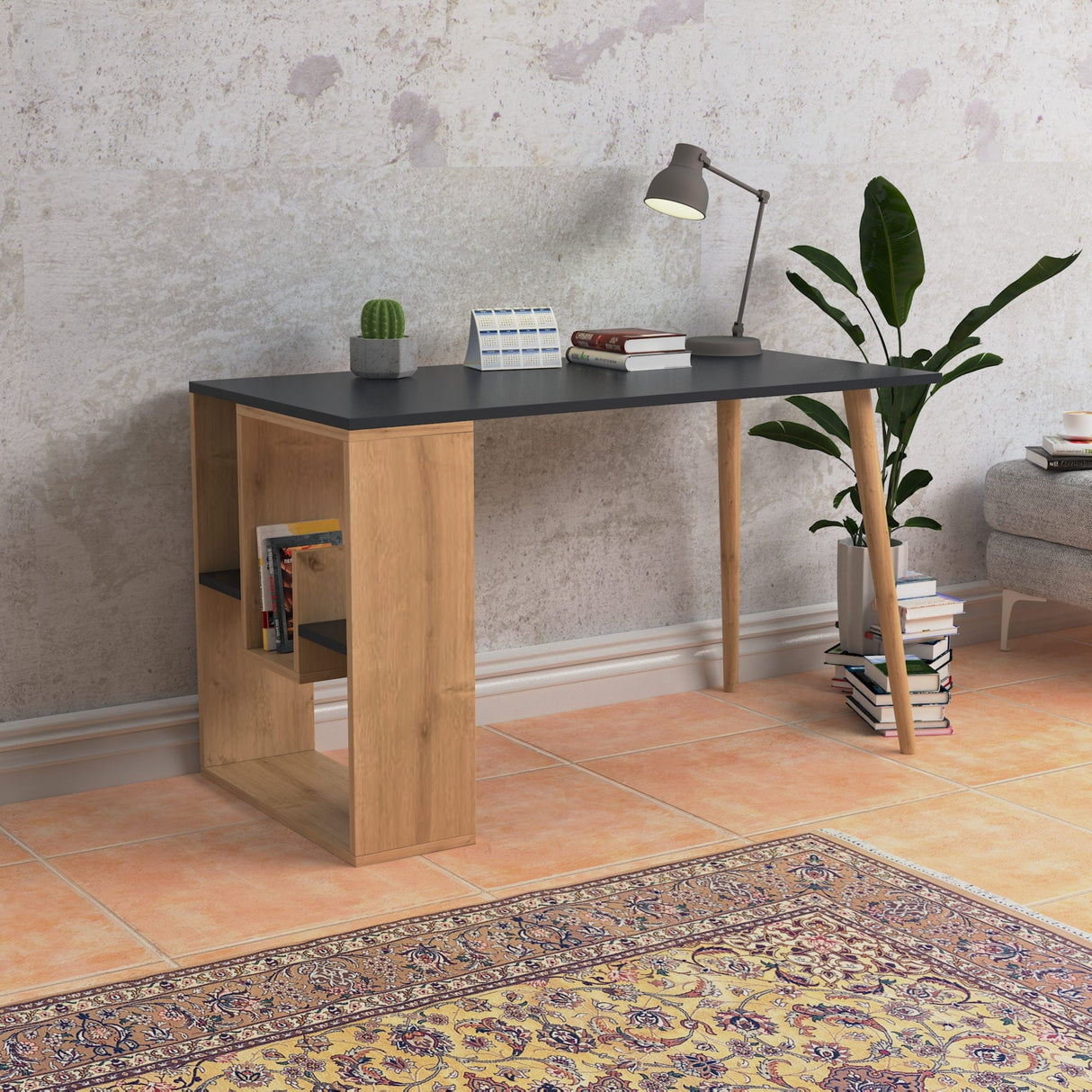 Birou Sally, Diverse culori, 120x60x73 cm - Antracit - Stejar | SKU: 492LGM1169 | Birou Sally, 120x60x73 cm, varianta Antracit - Stejar, produs pentru amenajarea locuinței, disponibil online în România la CasaMob