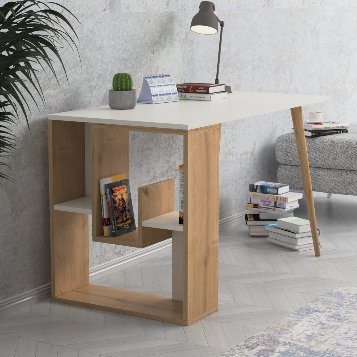 Birou Sally, Diverse culori, 120x60x73 cm - Alb - Stejar | SKU: 492LGM1170 | Birou Sally, 120x60x73 cm, varianta Alb - Stejar, produs pentru amenajarea locuinței, disponibil online în România la CasaMob
