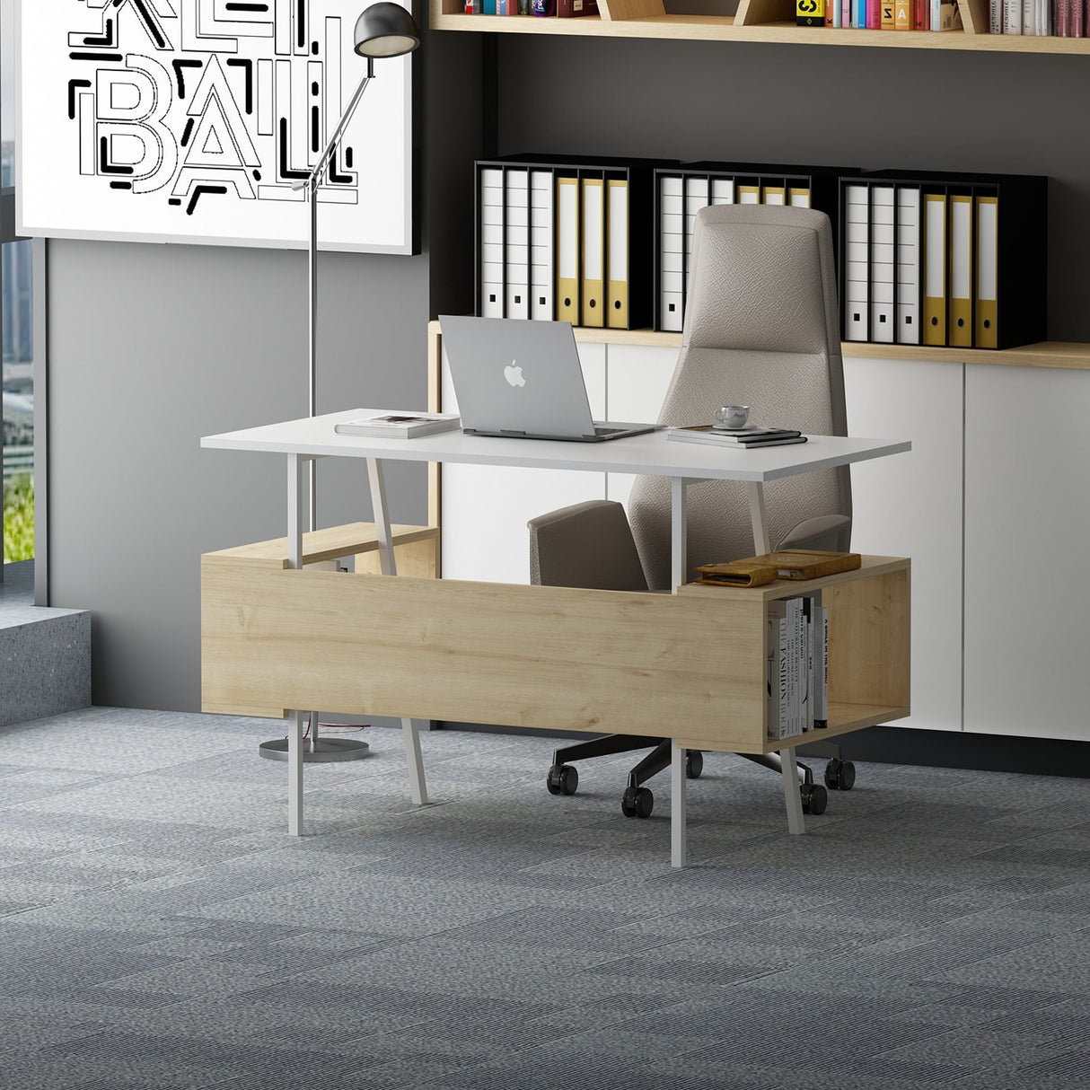 Birou Irony, Diverse culori, 120x60x74 cm - Alb - Stejar | SKU: 492LGM1174 | Birou Irony, 120x60x74 cm, varianta Alb - Stejar, produs pentru amenajarea locuinței, disponibil online în România la CasaMob