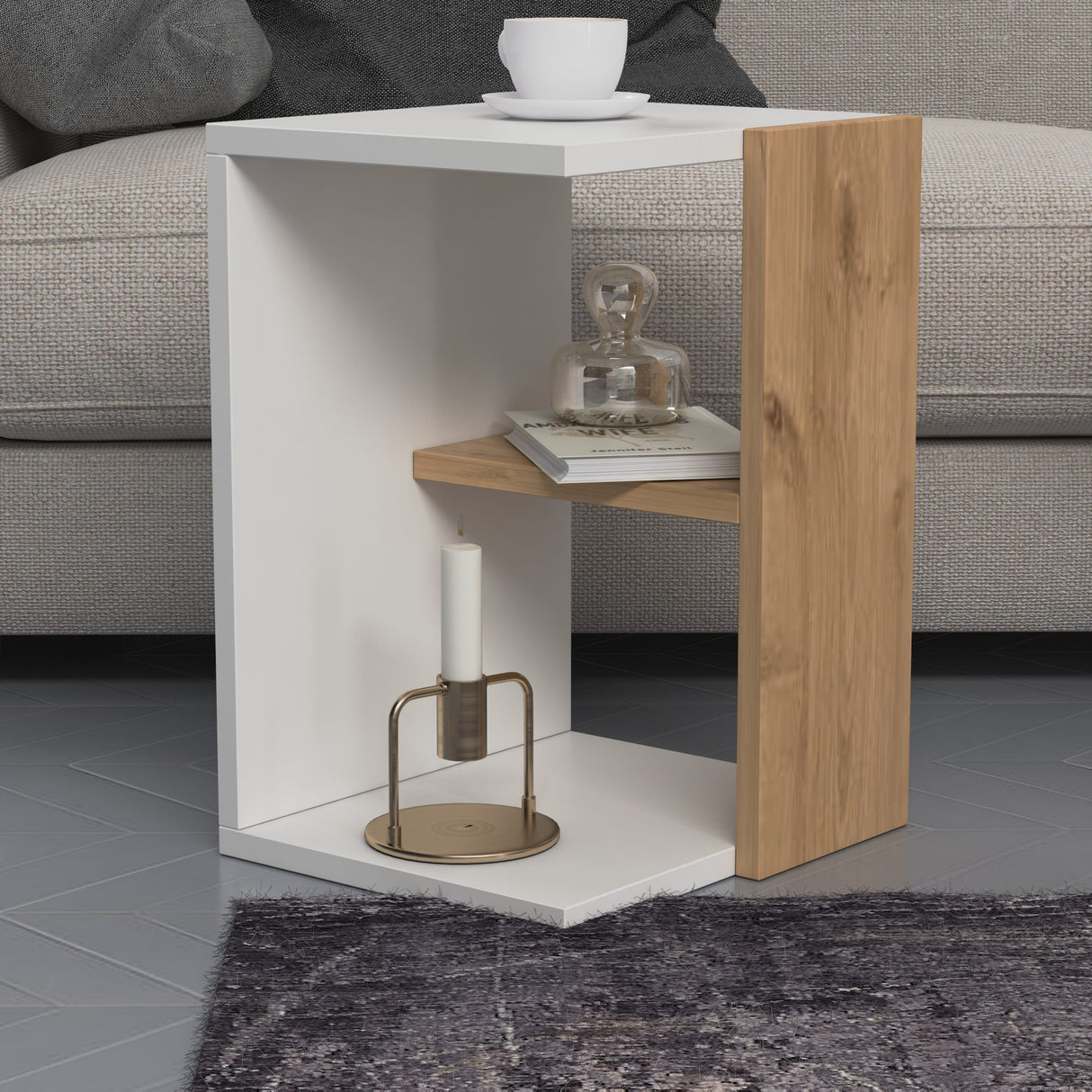Set 3 măsuțe de cafea Bizayni, Alb - Stejar, 62x34x49 cm
