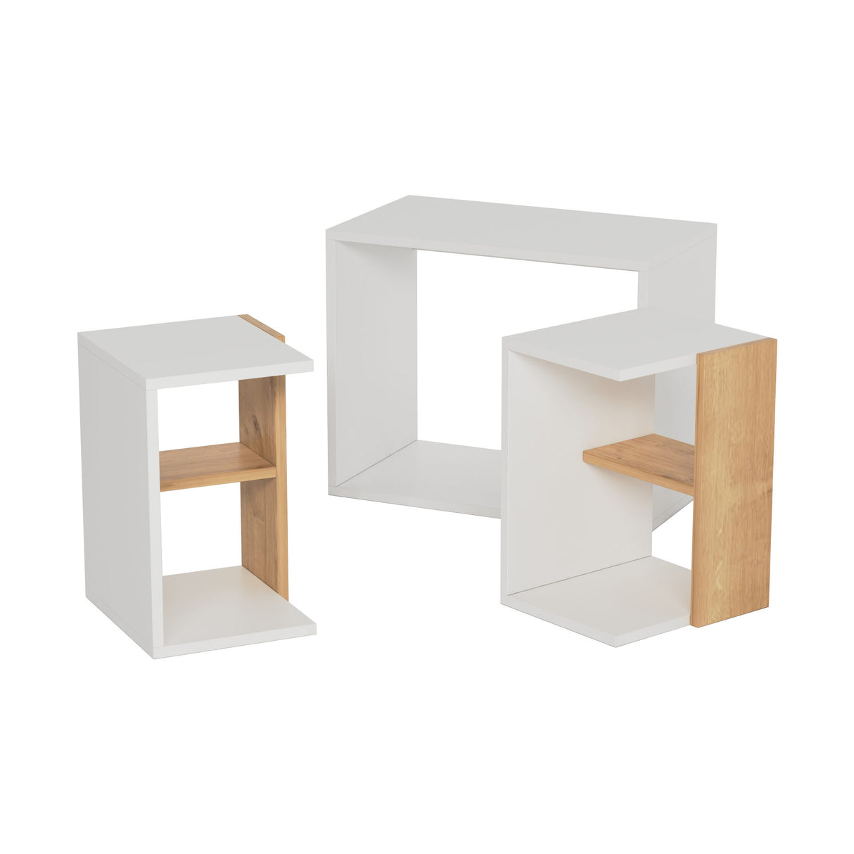 Set 3 măsuțe de cafea Bizayni, Alb - Stejar, 62x34x49 cm
