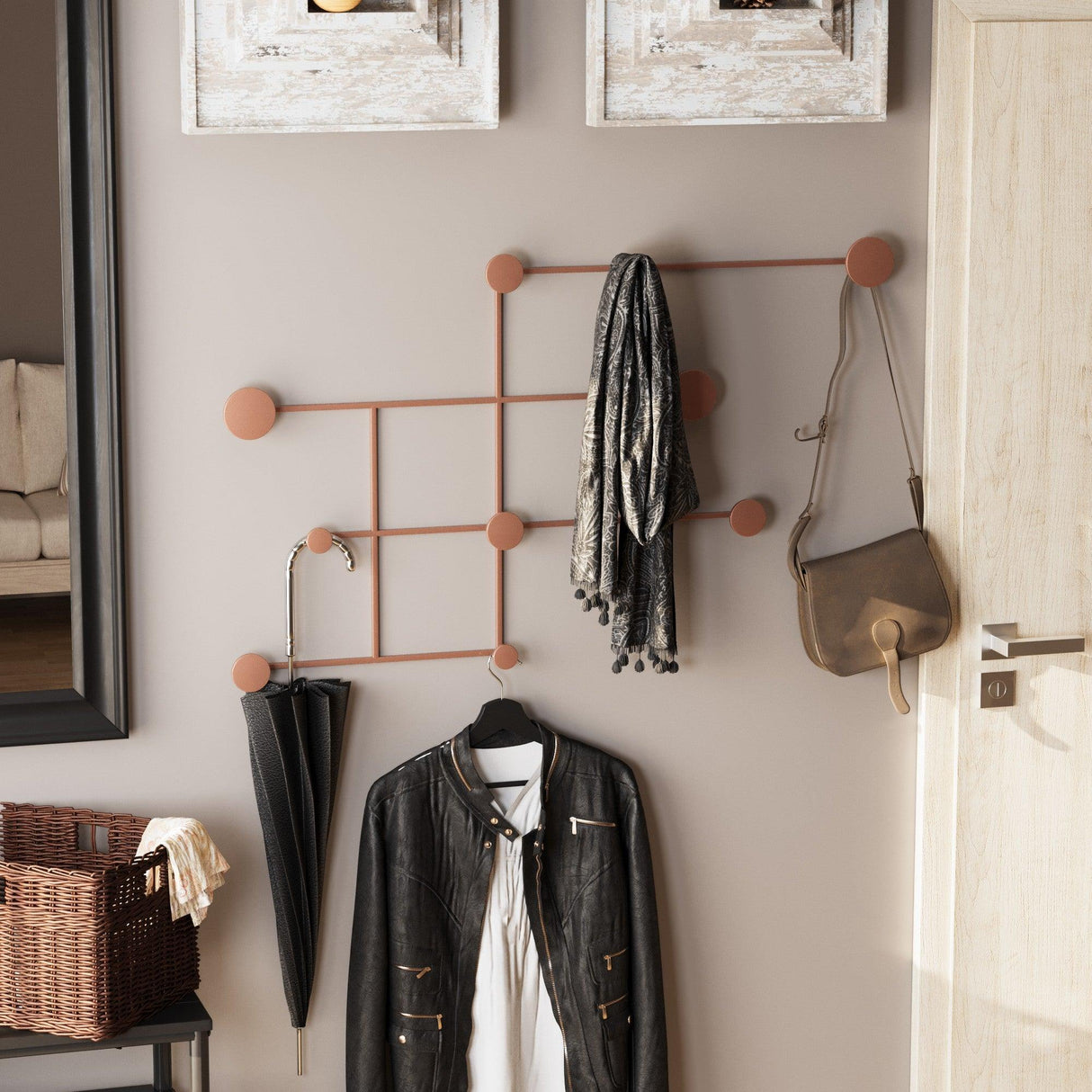 Cuier de hol metalic Metal Wall Hook Minimal 2, Cupru, 112x64x10 cm