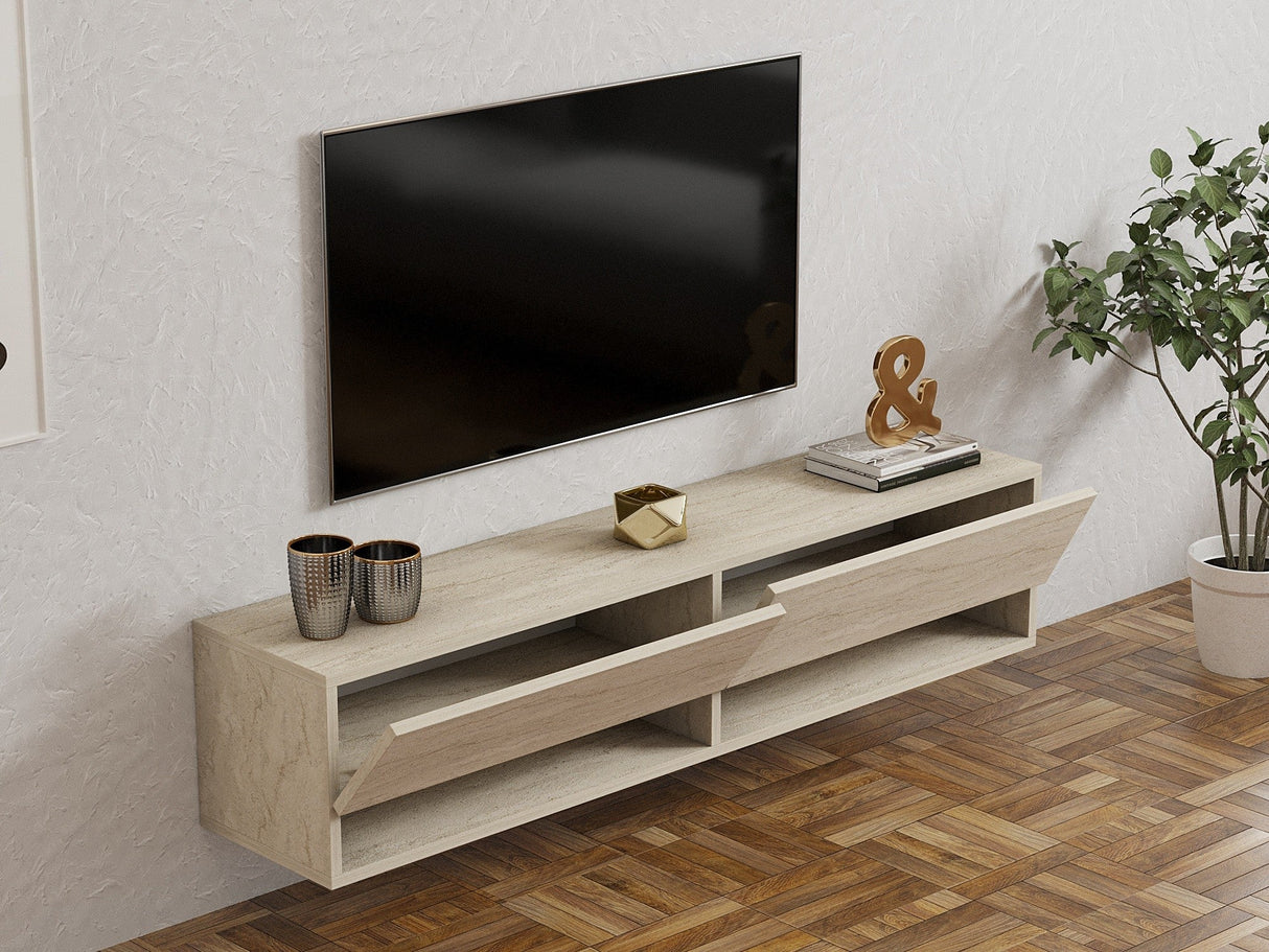 Comodă TV Arges, Diverse culori, 141x30x31 cm - Travertin | SKU: 495SSE1628 | Comodă TV Arges, 141x30x31 cm, varianta Travertin, produs pentru amenajarea locuinței, disponibil online în România la CasaMob