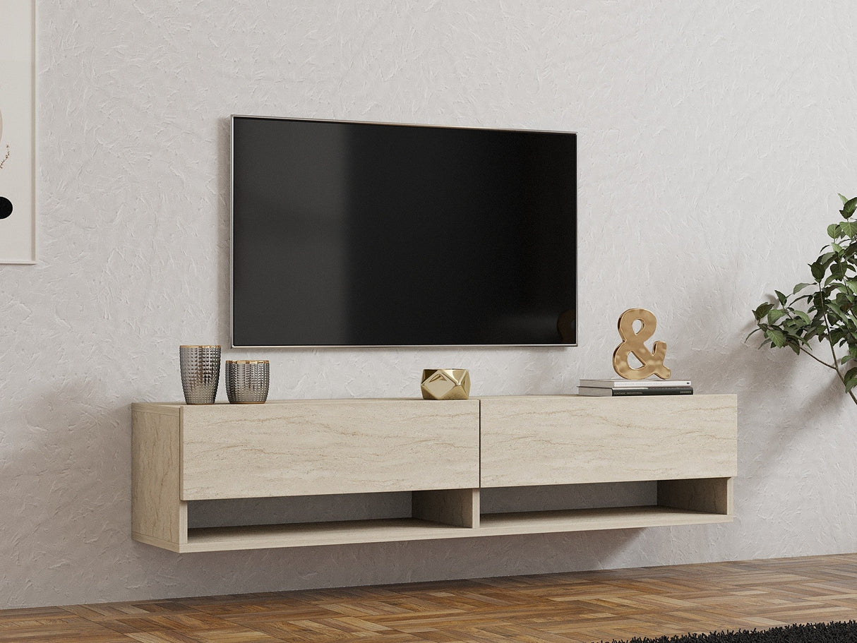 Comodă TV Arges, Diverse culori, 141x30x31 cm - Travertin | SKU: 495SSE1628 | Comodă TV Arges, 141x30x31 cm, varianta Travertin, produs pentru amenajarea locuinței, disponibil online în România la CasaMob