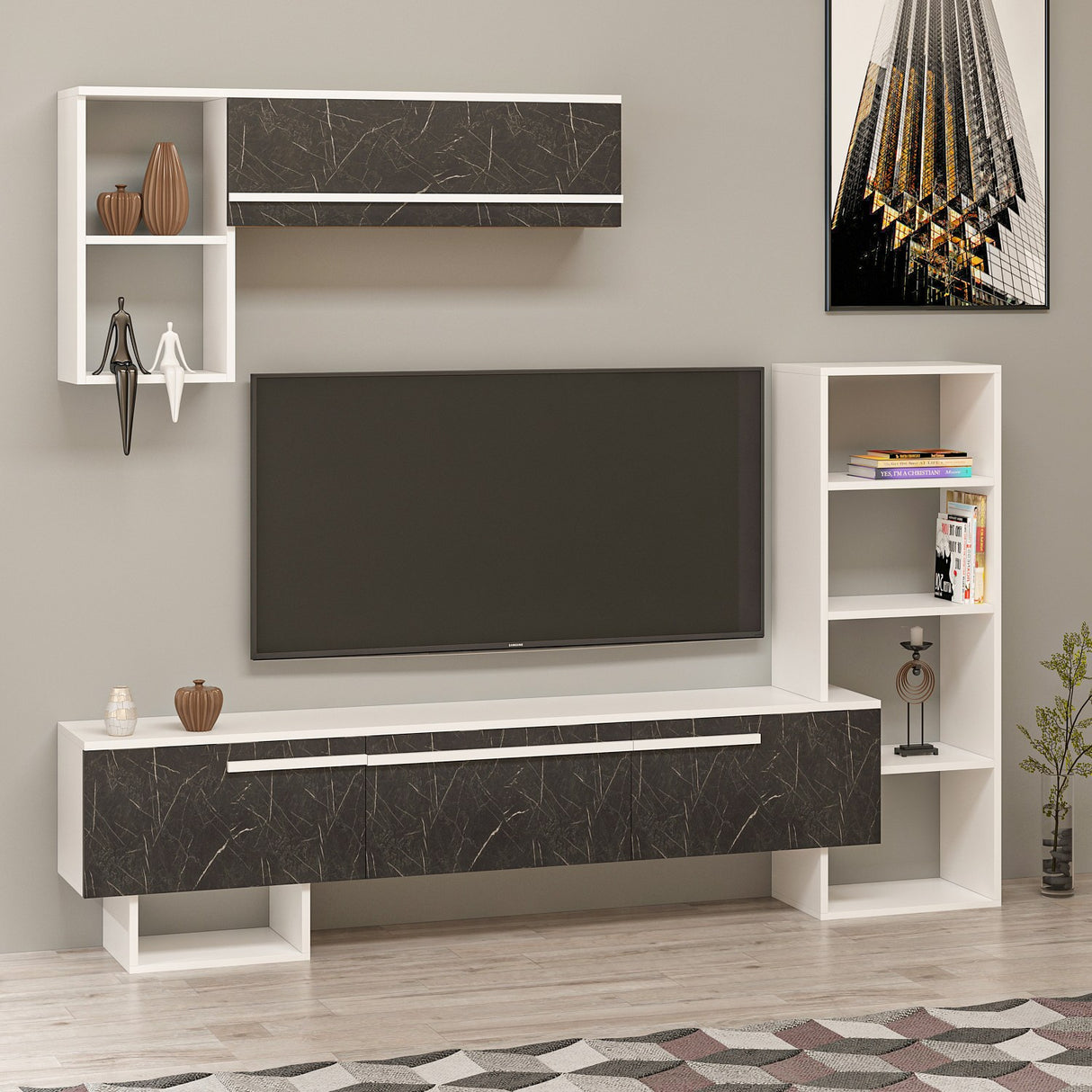 Comodă TV Mega - White, Royal Marble, Alb - Negru, 209x28x124 cm