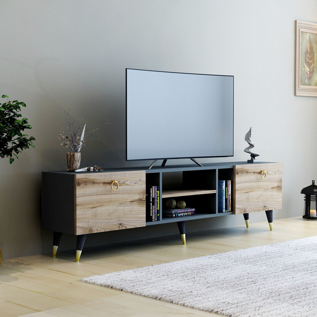 Comodă TV Rudy - Ciragan, Anthracite, Nuc - Antracit, 180x30x42 cm
