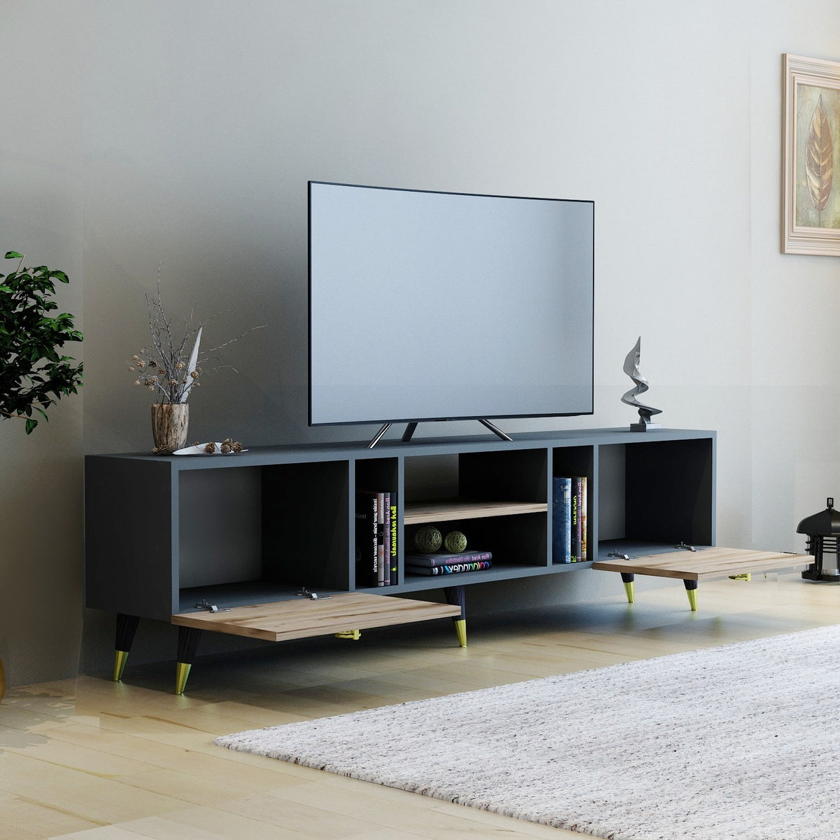 Comodă TV Rudy - Ciragan, Anthracite, Nuc - Antracit, 180x30x42 cm